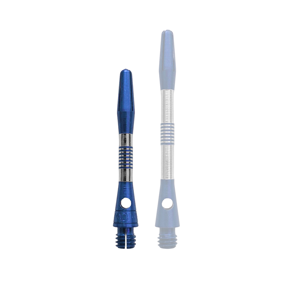 Ein einzelner blauer Aluminium Dart Schaft, 34mm lang, ist im Bild. Dieser Schaft eignet sich für Dart-Liebhaber und Bastler.