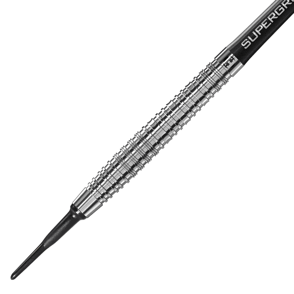 HA33768_Harrows_NX90_Softdarts_2 Auf dem Bild ist ein silberner Softdart mit einem gerillten Griff zu sehen. Die Spitze des Darts ist aus Kunststoff und schwarz gefärbt.