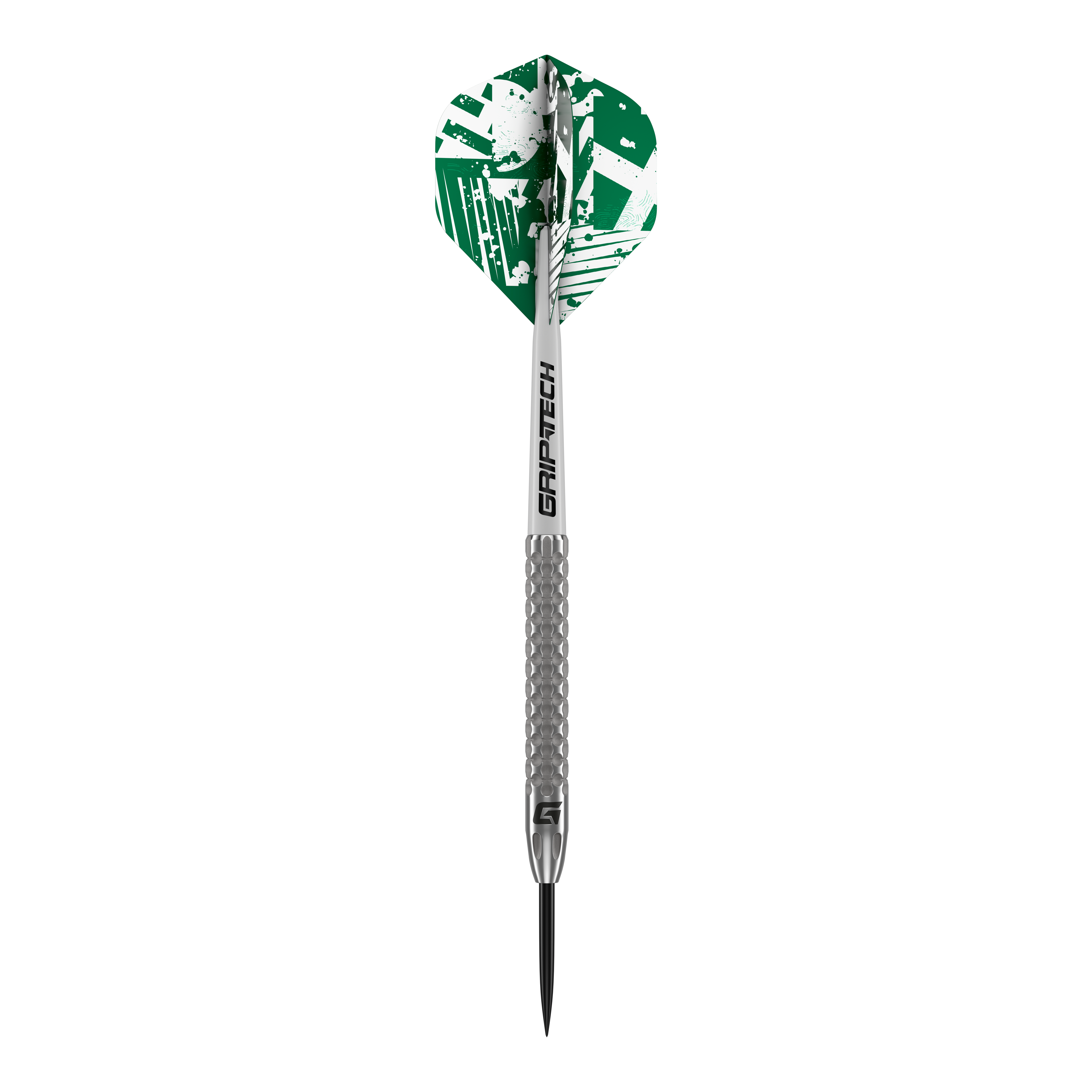 GOAT Fairway V2 Tungsten Steel Darts Das Bild zeigt einen GOAT Fairway V2 Tungsten Steeldart. Der Dart hat eine silberne Spitze und Schaft sowie grüne Flights mit weißem Muster.