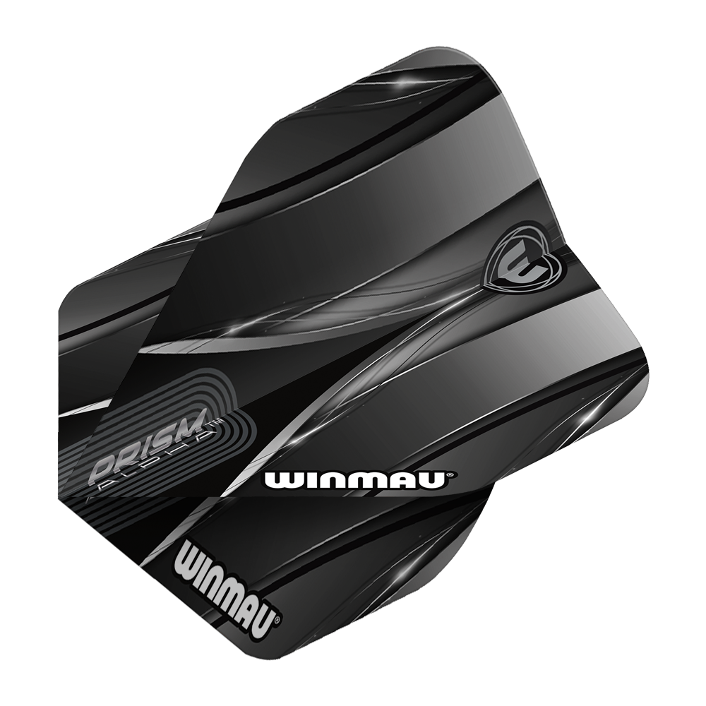 Winmau Alpha Sniper Black Standard Flights Das Bild zeigt das Produkt "Winmau Alpha Sniper Black Standard Flights". Die Flights sind schwarz mit silbernen und grauen Designelementen und tragen das Winmau-Logo.