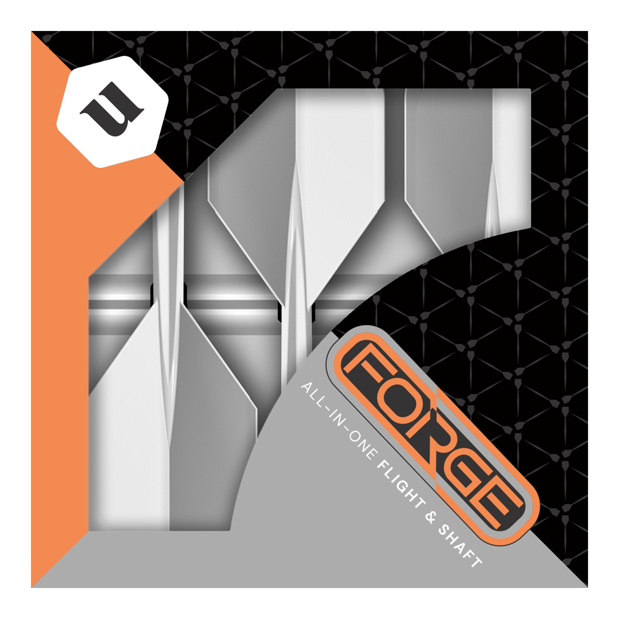 Das Bild zeigt die Verpackung der "Unicorn Forge All In One Plus No2 Standard Flights Weiß - Medium". In der Schachtel sind weiße Dart-Flights mit integriertem Schaft zu sehen.