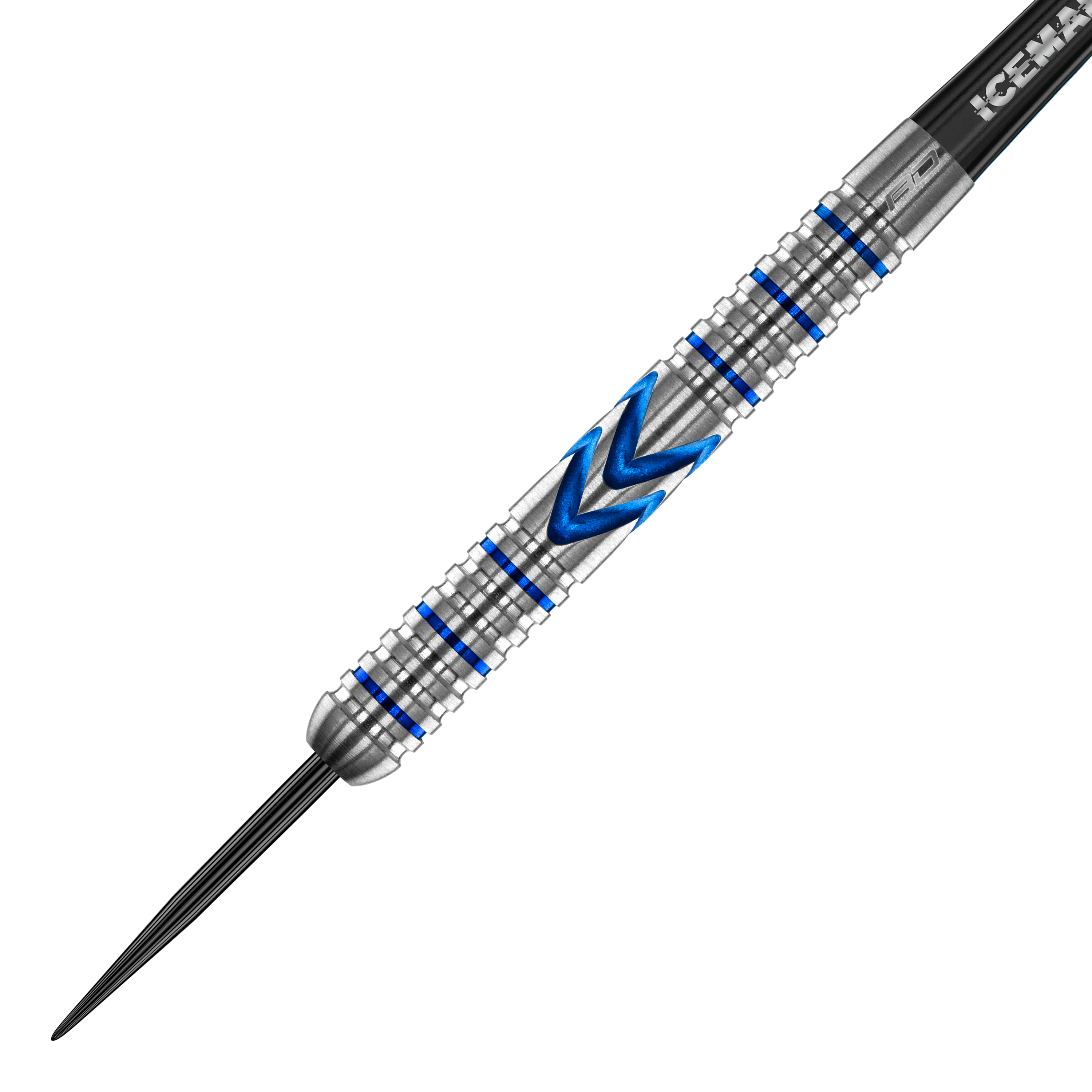 Red Dragon Gerwyn Price Iceman Midnight Edition steel darts Das Bild zeigt einen Steeldart mit silberner Oberfläche und blauen Akzenten. In der Mitte befindet sich ein markantes blaues Muster in Pfeilform.