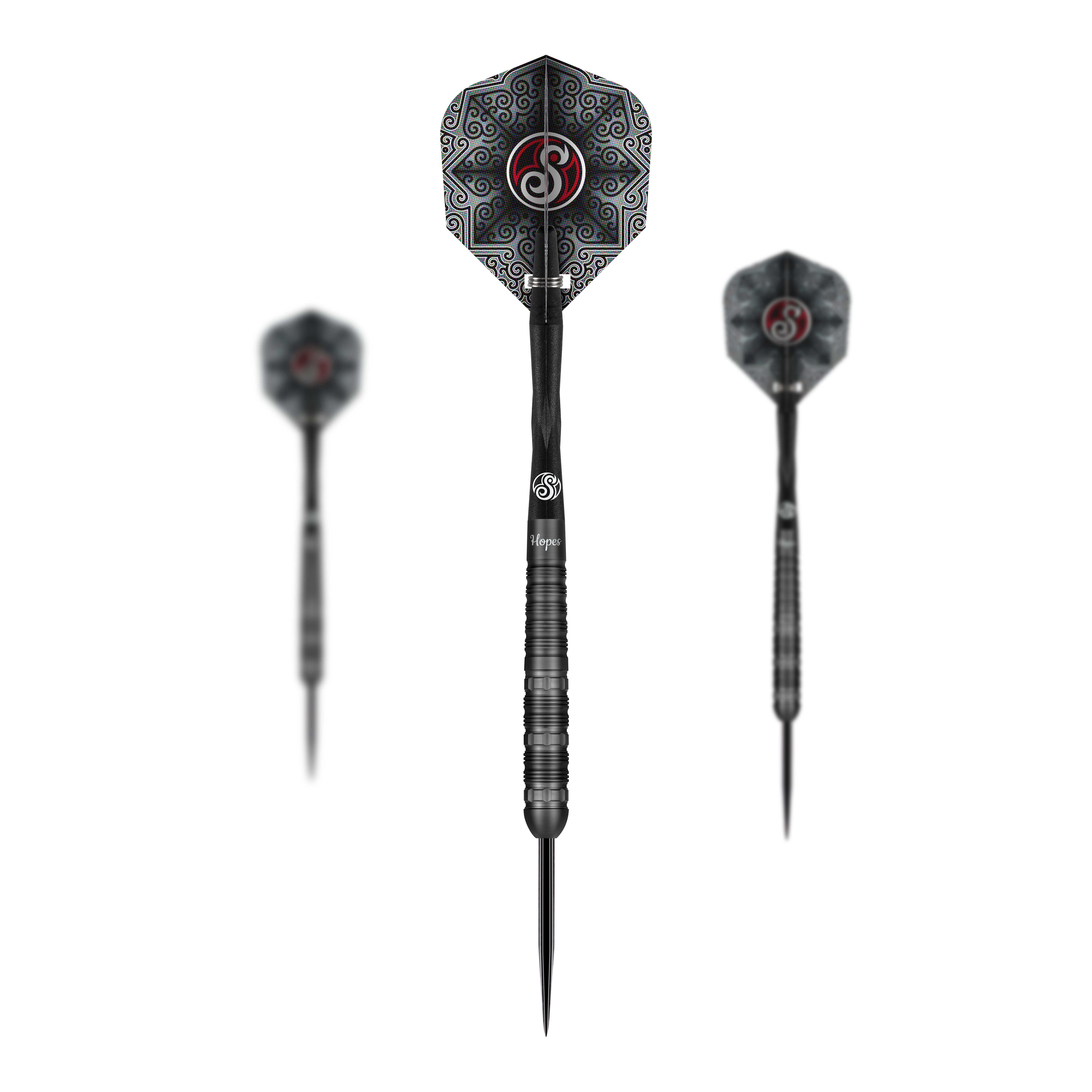 Shot Pro-Series Haupai Puha 2 steel darts - 24g Das Bild zeigt drei Steeldarts des Produkts "Shot Pro-Series Haupai Puha 2" mit einem Gewicht von 24 Gramm. Die Darts haben ein schwarzes Design mit auffälligen Mustern auf den Flights.