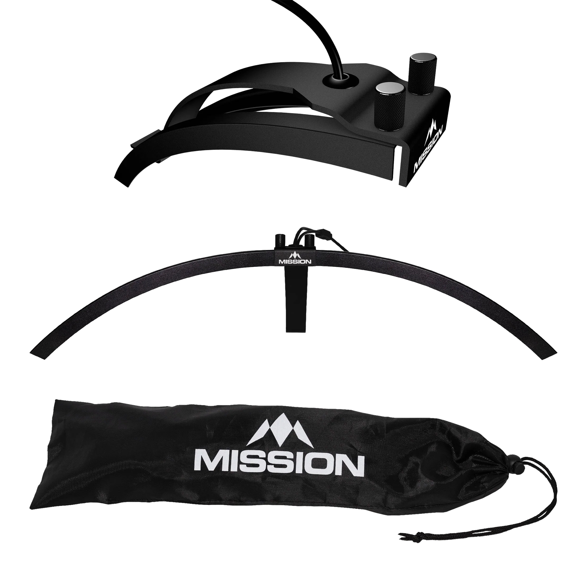 Das Bild zeigt die faltbare LED Dartboard Beleuchtung "Mission Torus 100". Abgebildet sind das Beleuchtungselement, ein Bogen und eine schwarze Transporttasche mit dem Mission-Logo.