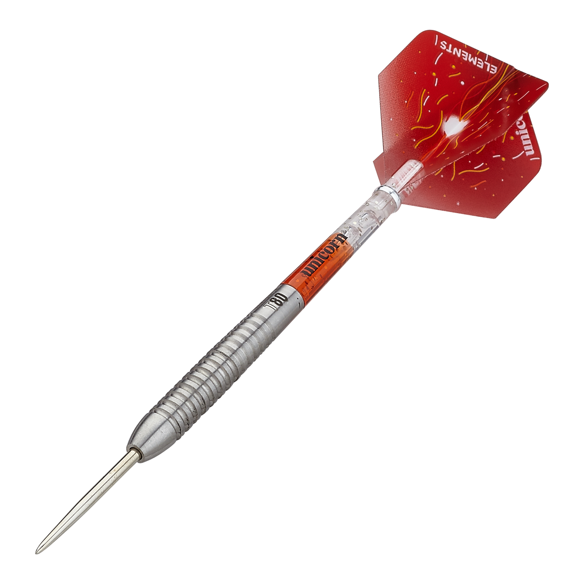 Unicorn Core XL Striker Style 5 steel darts Das Bild zeigt einen Unicorn Core XL Striker Style 5 Steeldart. Der Dartpfeil hat einen silbernen Schaft und rote Flights mit gelben Mustern.