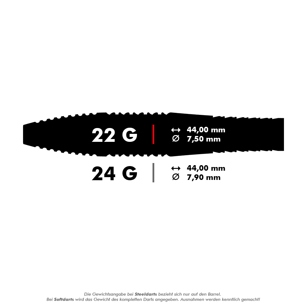 Das Bild zeigt die Maße der Target Bolide 05 Swiss Point Steeldarts. Die Darts sind in 22 g (44,00 mm lang, 7,50 mm Durchmesser) und 24 g (44,00 mm lang, 7,90 mm Durchmesser) erhältlich.