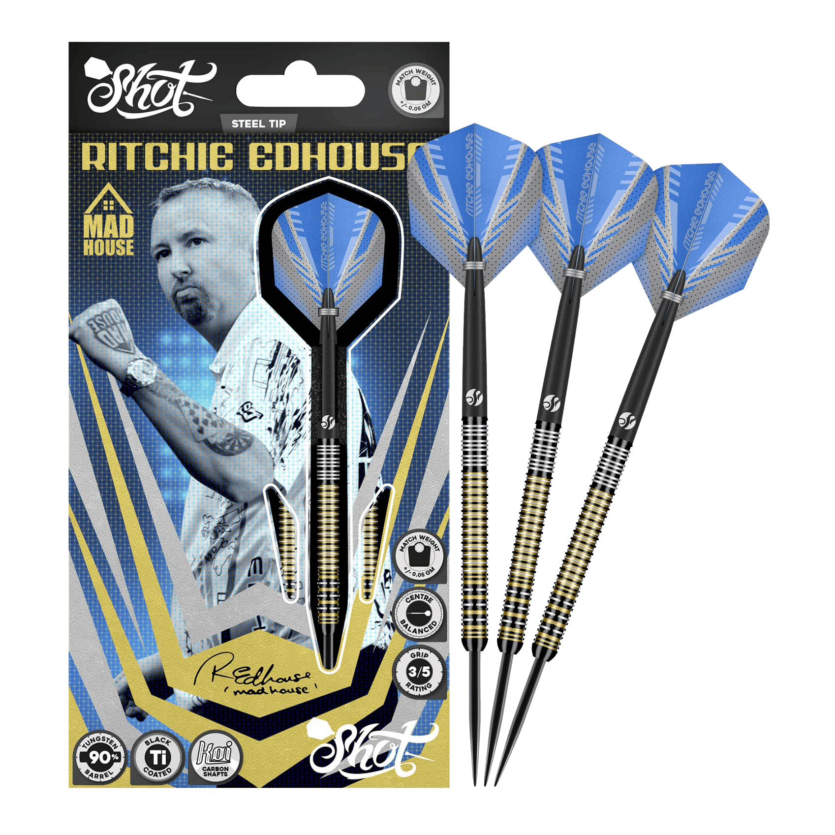 Shot Ritchie Edhouse Madhouse steel darts Das Bild zeigt die Shot Ritchie Edhouse Madhouse Steeldarts in voller Ansicht. Diese Darts zeichnen sich durch ihr einzigartiges Design aus.