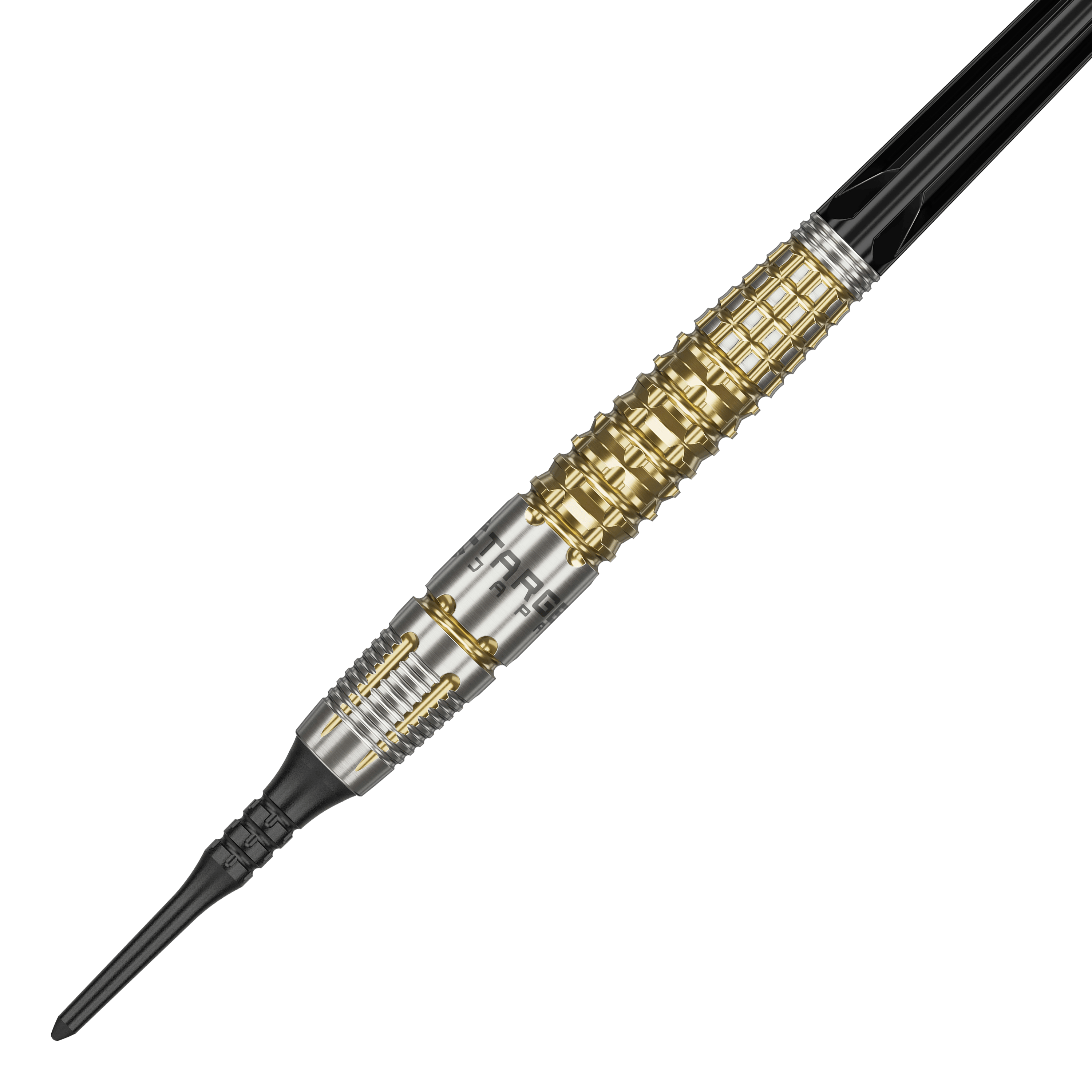 Target Japan Black Marque Warrior Soft Darts - 18.5g Das Bild zeigt einen Softdart namens "Target Japan Black Marque Warrior" mit einem Gewicht von 18,5g. Der Dart hat ein auffälliges Design mit goldenen und silbernen Elementen sowie einer schwarzen Spitze.