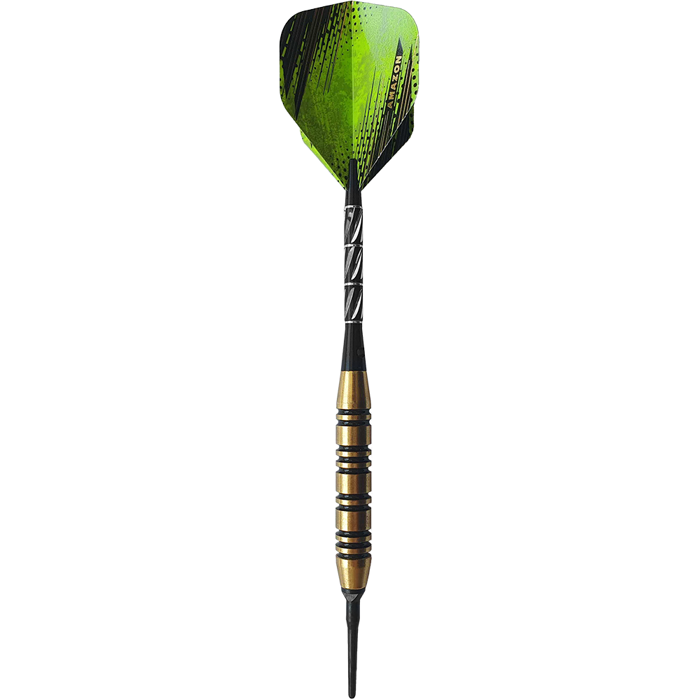 8006_Golden_Green_Softdarts_1YzRtREtk2n3cB Das Bild zeigt einen Softdart-Pfeil mit grünem Flight und gold-schwarzem Griff. Der Dart wiegt 18 Gramm und ist für den Freizeitsport geeignet.