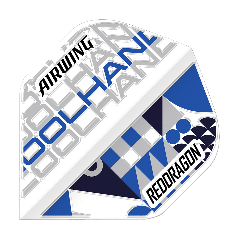 Red Dragon Airwing Luke Humphries White Standard Flights Das Bild zeigt das Produkt "Red Dragon Airwing Luke Humphries White Standard Flights". Das Flight ist überwiegend weiß mit blauen und schwarzen grafischen Elementen sowie der Aufschrift "AIRWING" und "REDDRAGON".