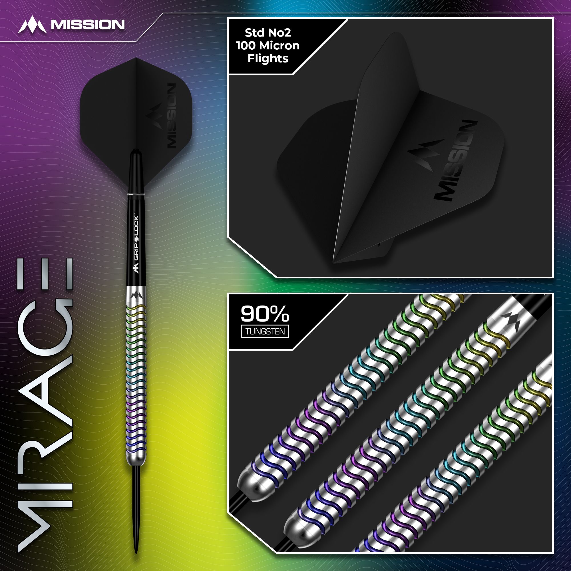Mission Mirage Steel Darts Mission Mirage Steeldarts sind präzise gefertigte Steeldarts. Das Foto zeigt das Produkt in Detailansicht.