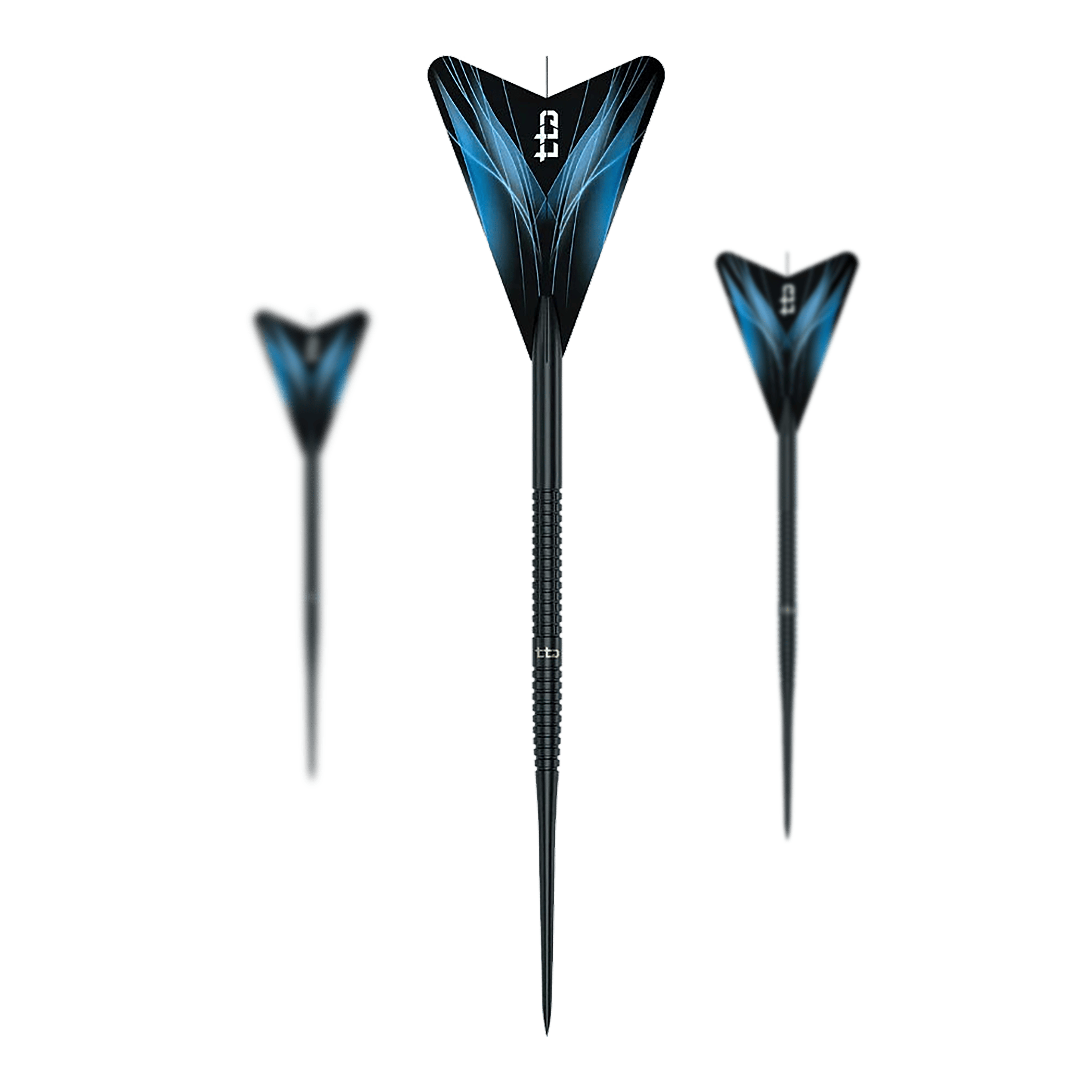 Abgebildet sind die Caliburn TTD Complete Titanium T1 Black Steeldarts - 5g. Die Darts haben ein schwarzes Design und wiegen 5g.