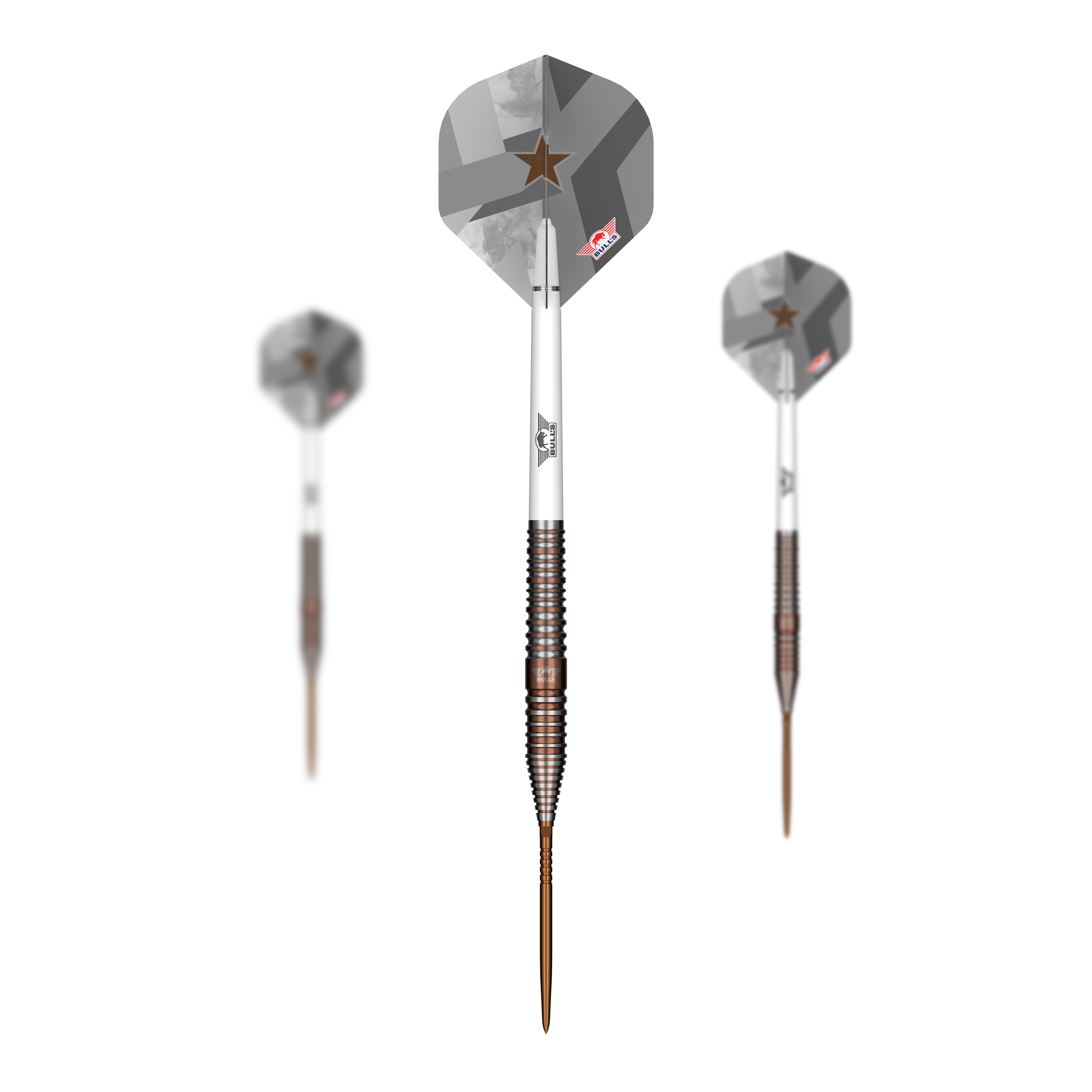 Bulls NL Max Hopp E5 Convertible Point Steel Darts Abgebildet ist das Set Bulls NL Max Hopp E5 Convertible Point Steeldarts. Mehrere Pfeile sind sichtbar angeordnet.