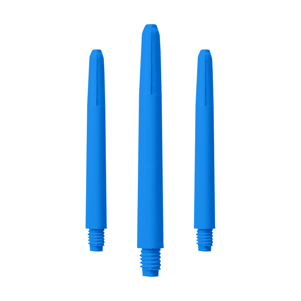 574_Nylon_Shafts_Blau_48mm_1 Das Bild zeigt drei blaue Nylon-Schäfte. Sie sind nebeneinander angeordnet und haben ein Schraubgewinde am unteren Ende.