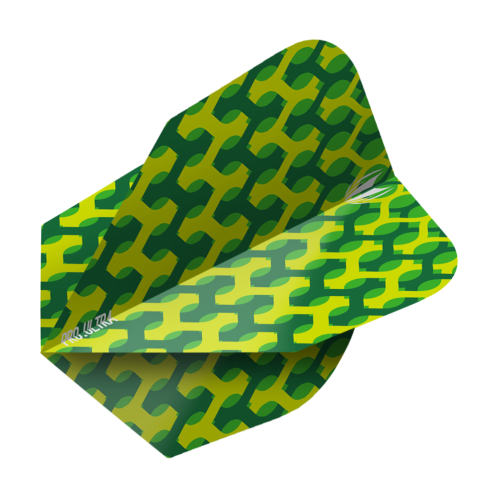 TG69_335230_Target_ProUltra_Fabric_Green_Ten-X_Flights_2 Das Bild zeigt das Produkt "Target ProUltra Fabric Green Ten-X Flights". Die Flügel haben ein grünes Muster mit gelben Akzenten und sind für Dartpfeile bestimmt.