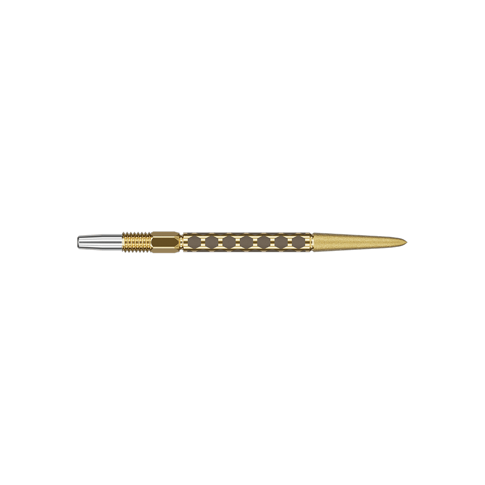 Target Swiss FLT Point Dart Tips - Gold Zwei kurze Dartspitzen in goldener Ausführung sind zu sehen. Sie sind nebeneinander angeordnet.