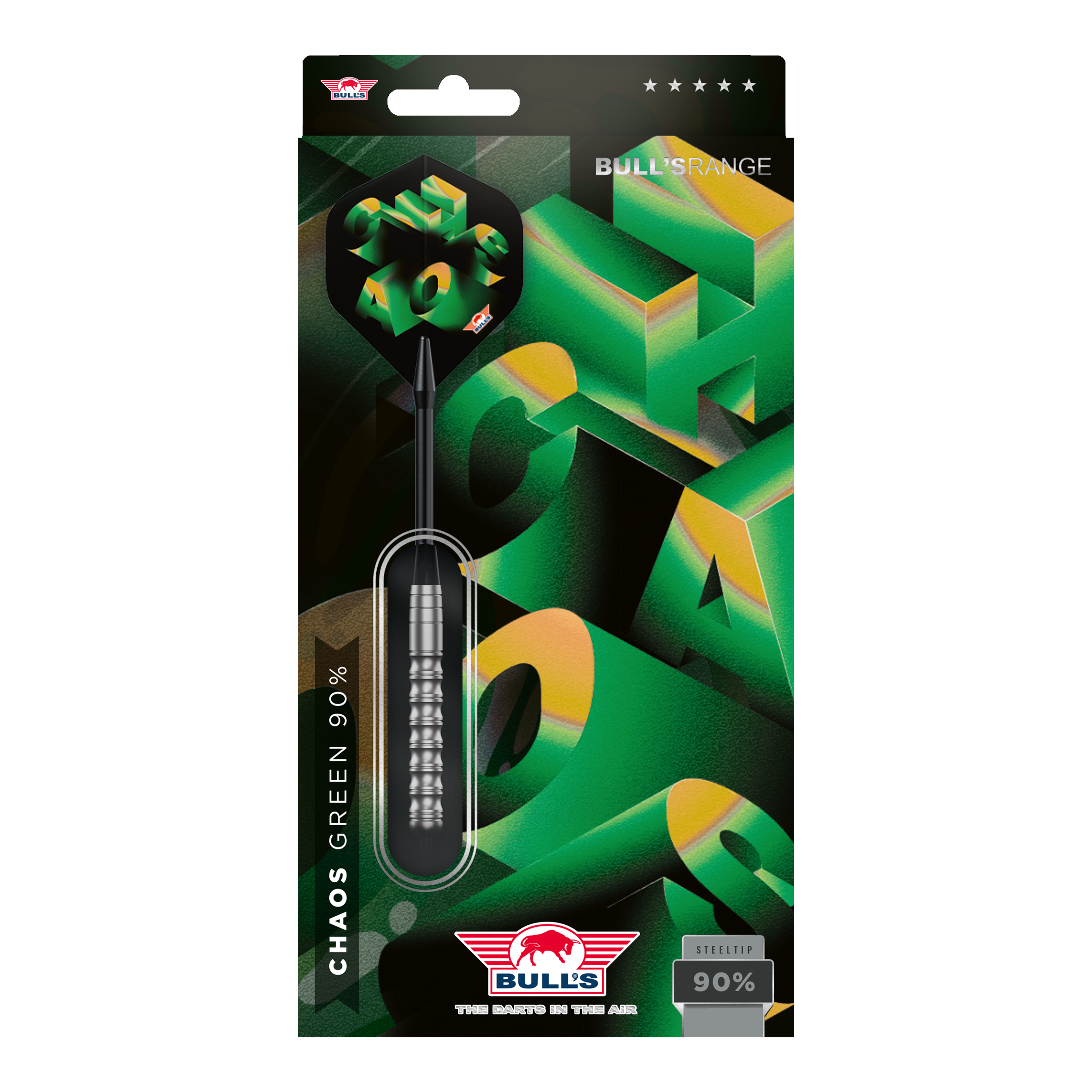 Hier sind die Bulls NL Chaos Green Steeldarts - 24g abgebildet. Die Darts sind grün und eignen sich für Steel-Dartspiele.