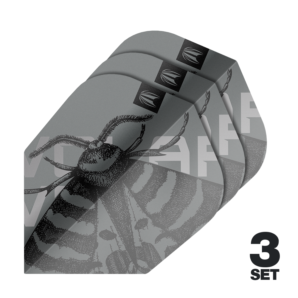 Target Pro Ultra Volar No6 Flights - 3 Sets Das Bild zeigt drei Sets der Target Pro Ultra Volar No6 Flights. Die Flights sind grau mit einem detaillierten Insektenmotiv gestaltet.
