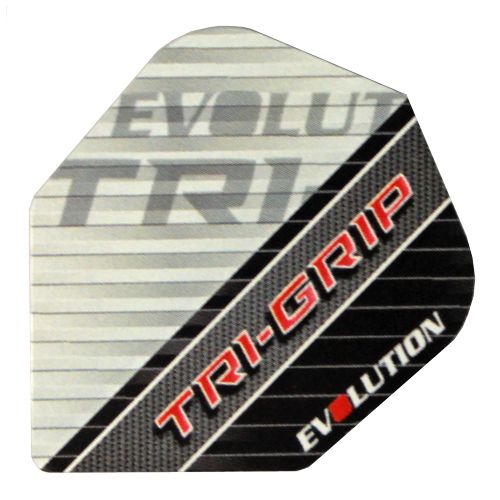 TriGrip Das Bild zeigt ein Evolution Tri Grip Flight für Dartpfeile. Das Design ist in Grau- und Schwarztönen mit roter Schrift gestaltet.