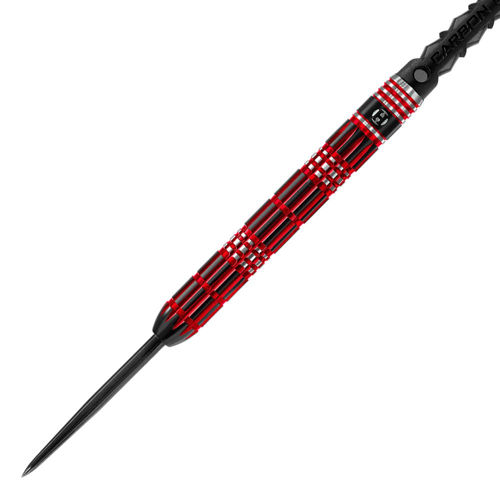 HA33577_Harrows_Red_Horizon_Steeldarts_2 Dies ist ein Steeldart mit einer schwarzen und roten Musterung am Griff. Die Spitze ist aus Metall und der Griff hat ein geripptes Design für besseren Halt.