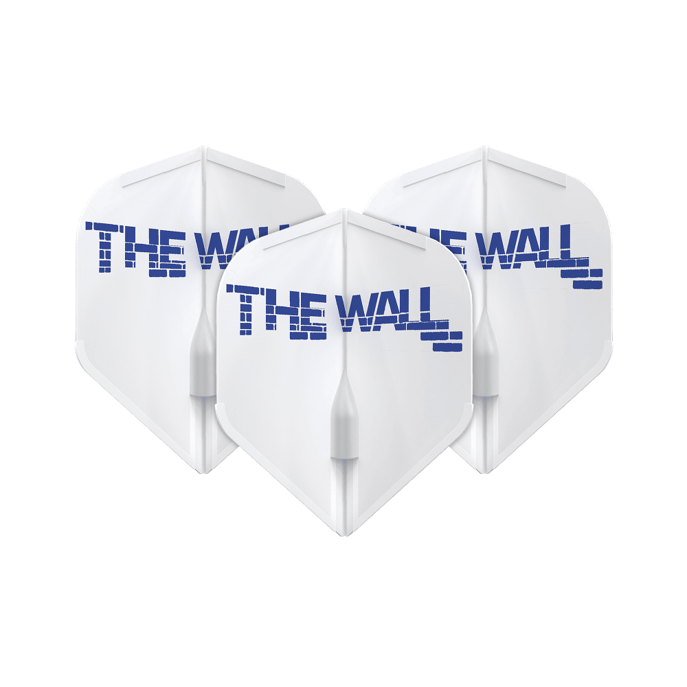 Das Bild zeigt drei weiße Dart-Flights mit der blauen Aufschrift "THE WALL". Die Flights sind das Modell L-Style Martin Schindler Weiß L1EZ.