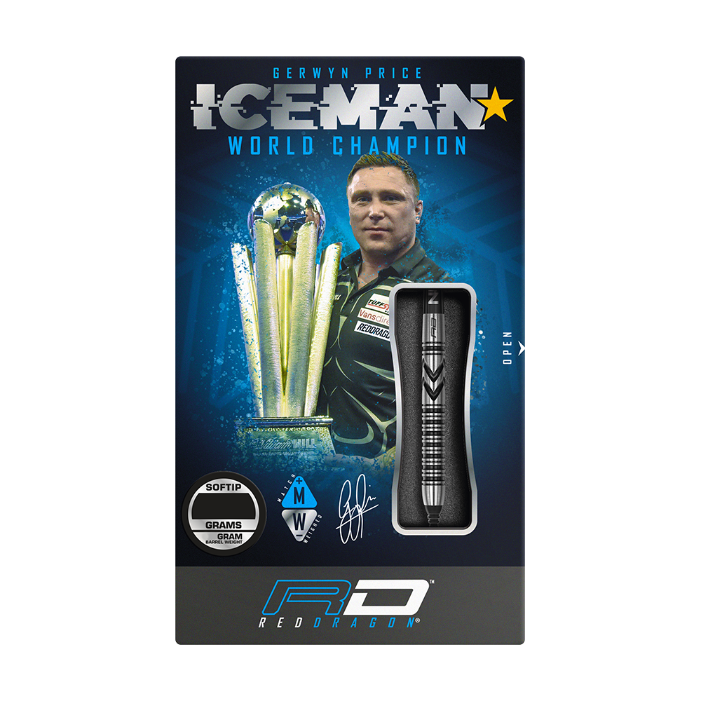 RD2471_Red_Dragon_Gerwyn_Price_Thunderbolt_Softdarts_3 Auf der Verpackung sind die Red Dragon Gerwyn Price Thunderbolt Softdarts - 20g abgebildet. Im Hintergrund sieht man ein Bild von Gerwyn Price mit einem Pokal und der Aufschrift "ICEMAN World Champion".