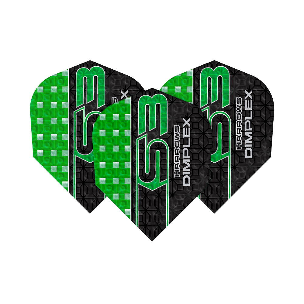 Harrows Dimplex S3 Flights - Green Das Bild zeigt drei grüne und schwarze Dart-Flights des Modells "Harrows Dimplex S3". Auf den Flights steht der Text "Harrows Dimplex S3" in grüner und weißer Schrift.