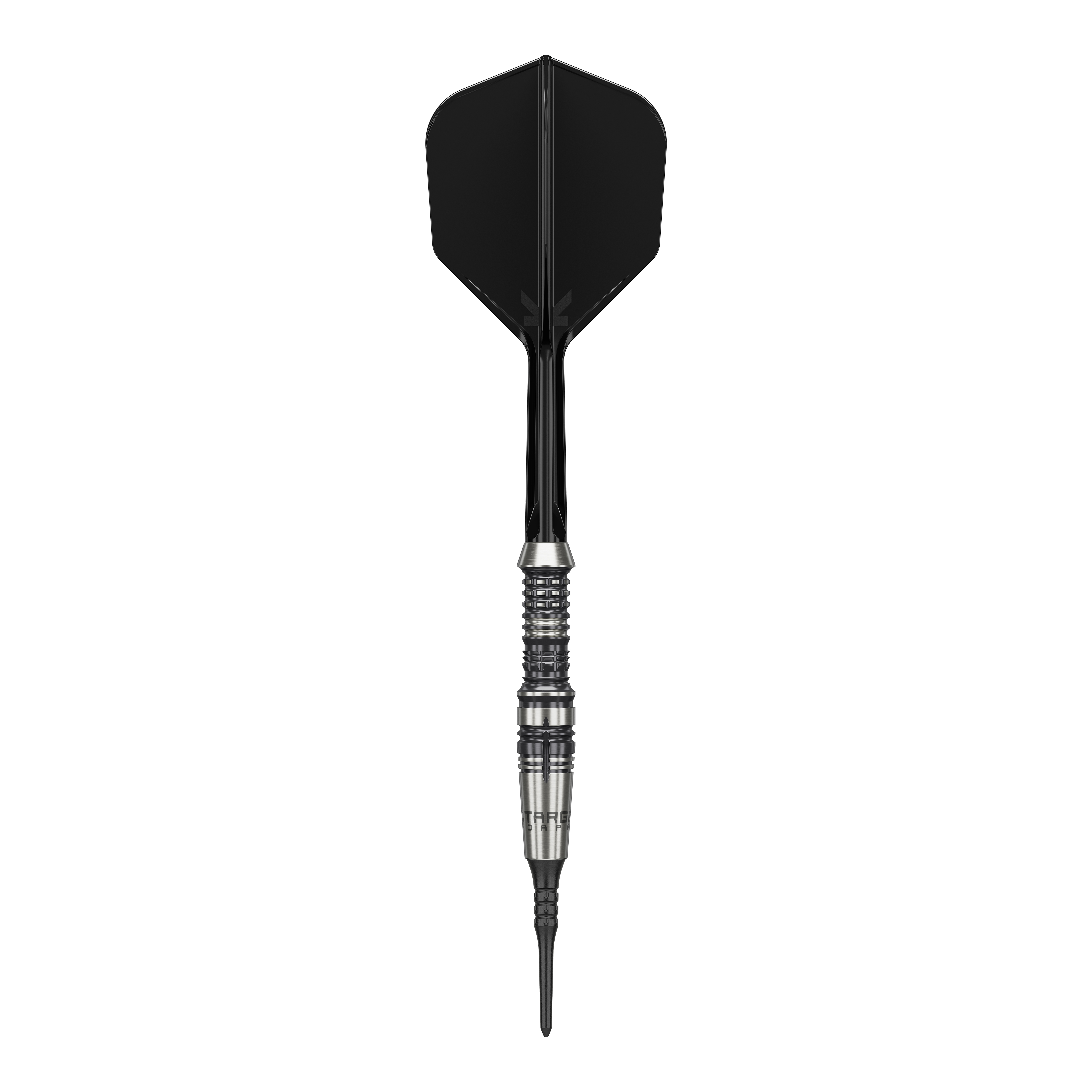 Das Bild zeigt einen Softdart der Marke 'Target Japan Black Marque Heracles' mit einem Gewicht von 18g. Der Dart hat ein elegantes Design mit schwarz-silbernem Barrel und schwarzer Spitze sowie Flight.
