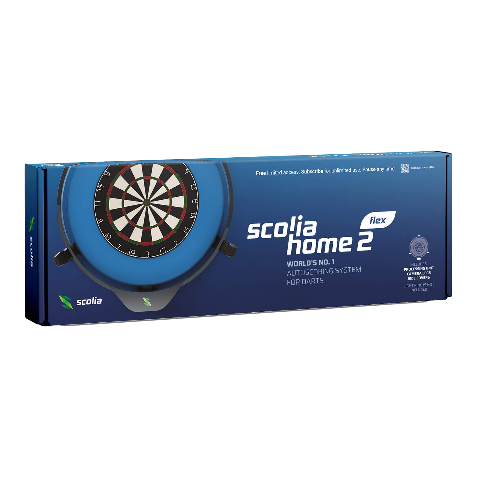 Das Bild zeigt die Verpackung des Produkts "Scolia Home 2 FLEX – Elektronisches Punktesystem". Es ist ein automatisches Auswertungssystem für Darts.