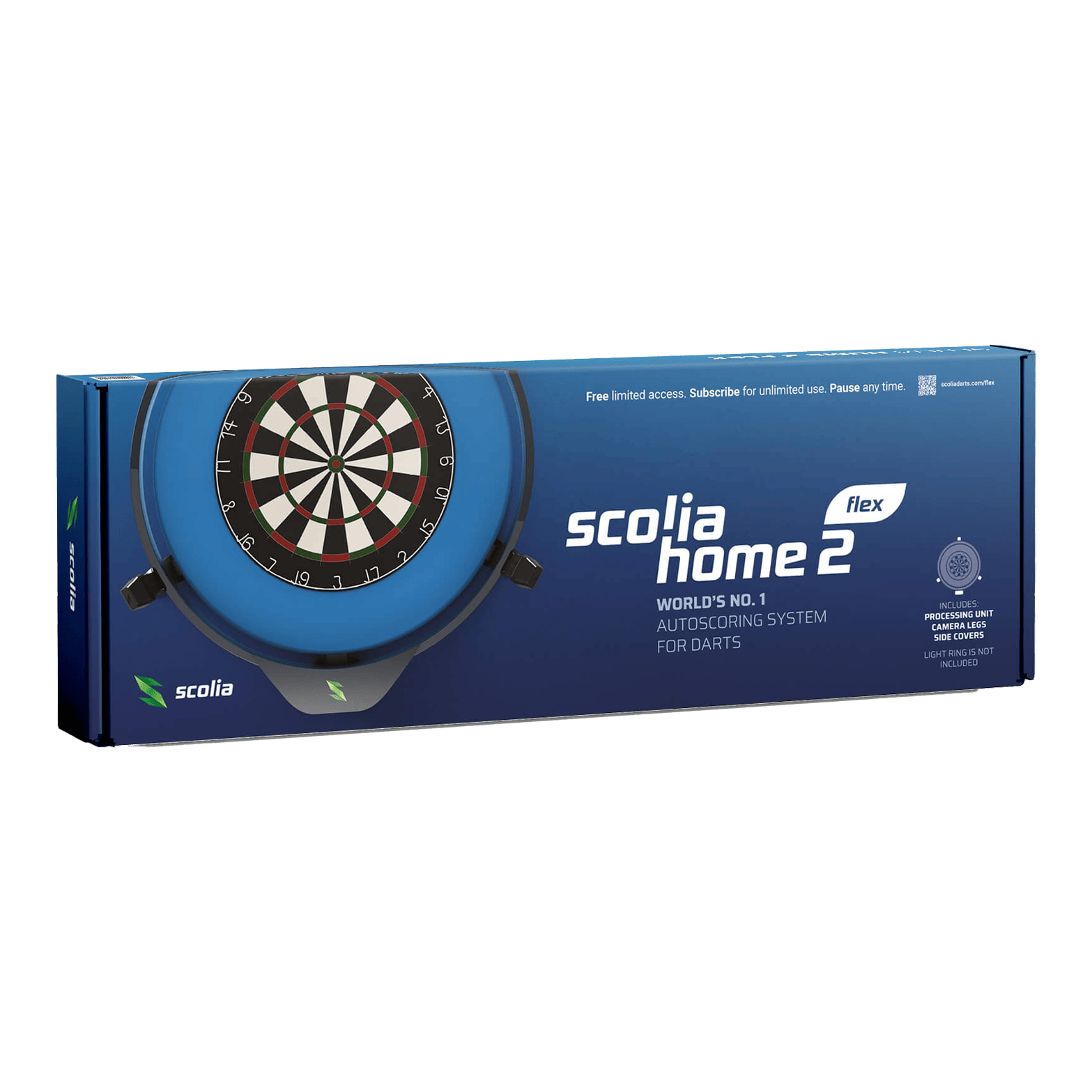 Scolia Home 2 FLEX - Electronic Autoscoring System 2026 Das Bild zeigt die Verpackung des Produkts "Scolia Home 2 FLEX – Elektronisches Punktesystem". Es ist ein automatisches Auswertungssystem für Darts.