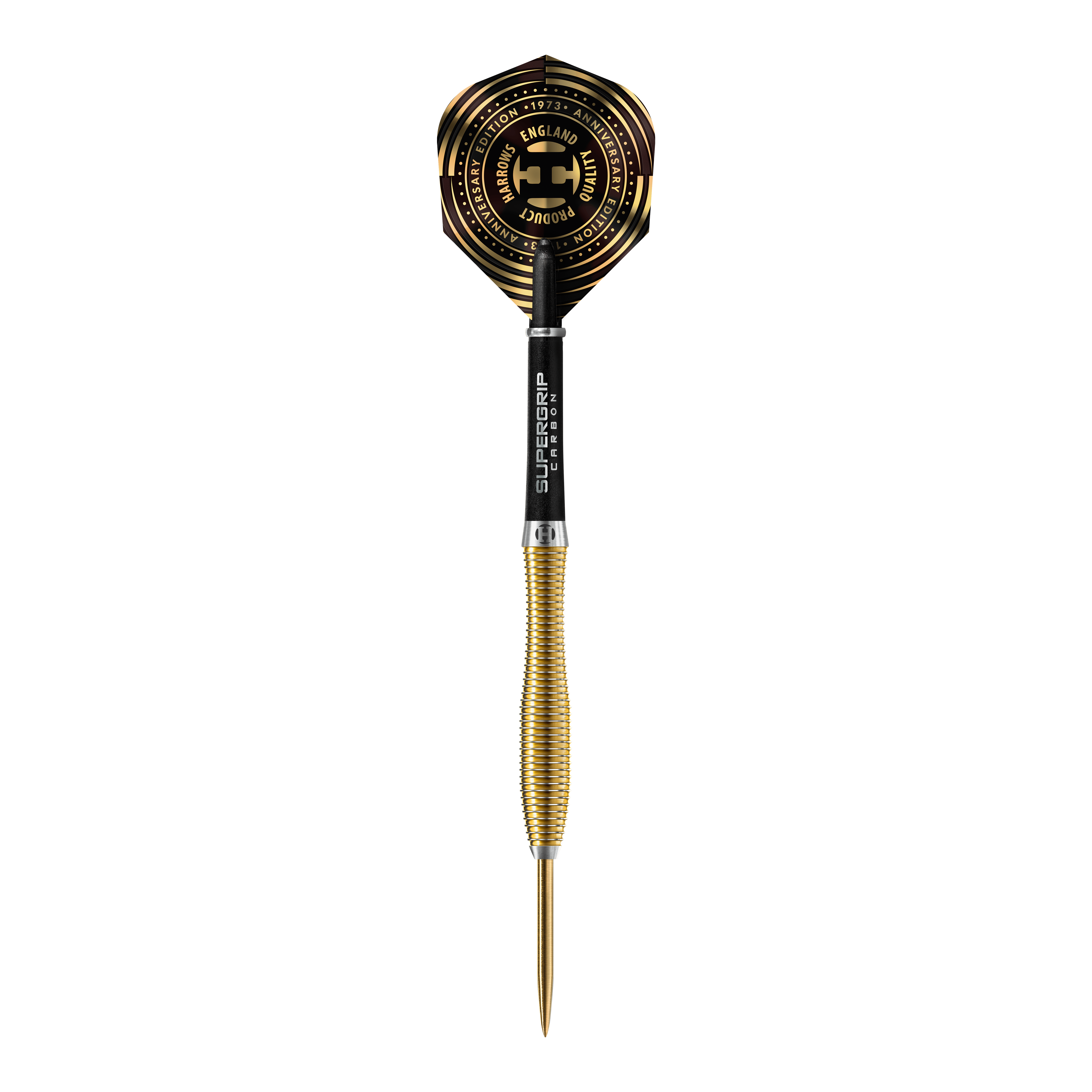 Harrows Anniversary Edition V-Wing Steel Darts Dies ist ein goldfarbener Steeldart mit einer schwarzen und goldenen Flight. Auf dem Flight steht „Harrows Anniversary Edition“ und andere Beschriftungen in goldener Farbe.