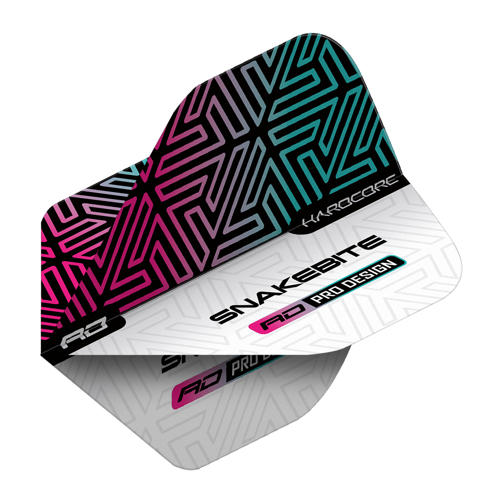 Das Bild zeigt ein Dart-Flight mit einem modernen, bunten Muster in Schwarz, Pink und Blau. Auf dem Flight steht "Snakebite", "Hardcore" und "RD Pro Design".