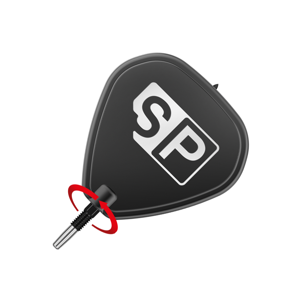 Target Swiss Point Black dart tips Das Bild zeigt eine schwarze Dartspitze mit der weißen Aufschrift "SP". Im unteren Bereich ist ein rotes Element zu sehen, das die Spitze hervorhebt.