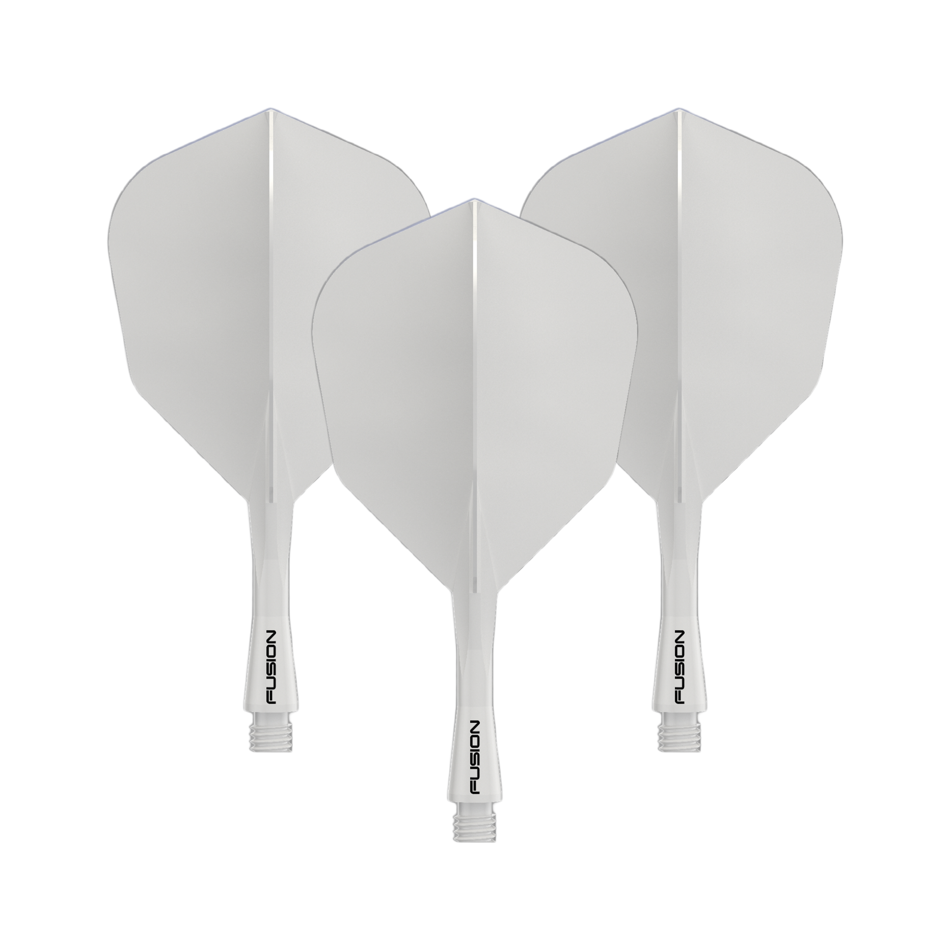 Gezeigt wird das Winmau Fusion Flight Shaft System No6 in Solid White, 22mm (1 Set). Es ist ein weißes Zubehörteil für Dartpfeile.