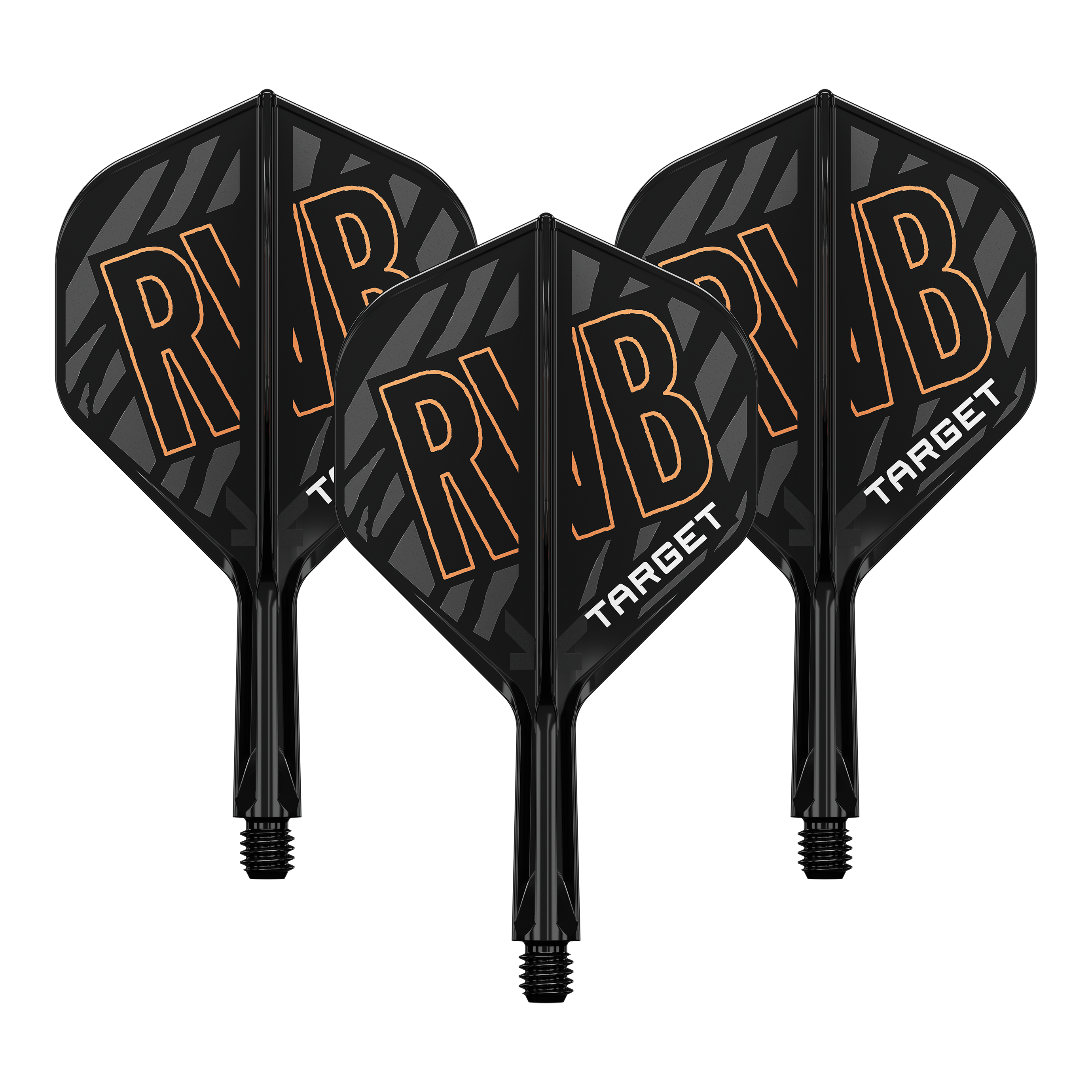 Target K-Flex Raymond Van Barneveld No2 Standard Flight Shaft System Auf dem Bild sind drei schwarze Dart Flights mit dem orangefarbenen Schriftzug "RVB" zu sehen. Unten auf den Flights steht in weißer Schrift das Wort "TARGET".