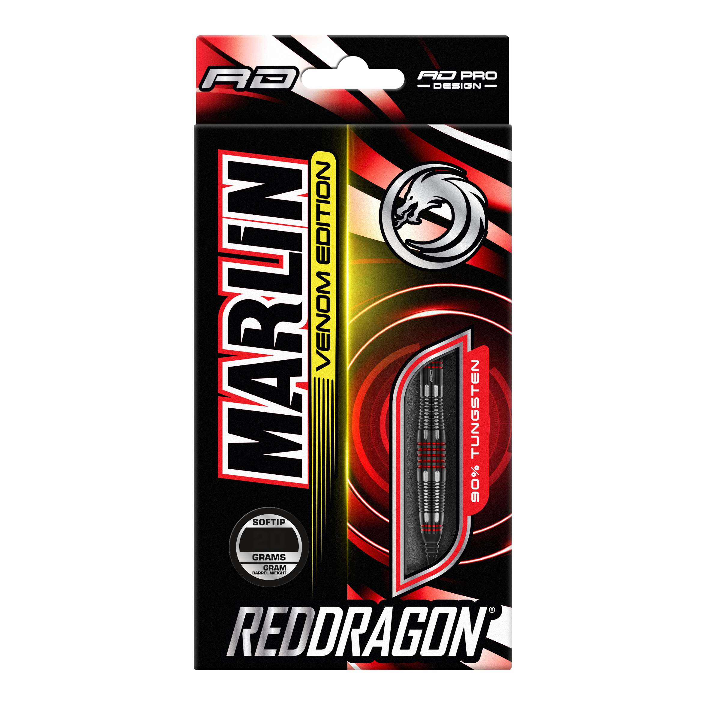 Red Dragon Marlin Venom Soft Darts - 22g Die Abbildung zeigt die Verpackung der "Red Dragon Marlin Venom Softdarts - 22g". Die Verpackung ist schwarz-rot gestaltet und hebt die Darts mit 90% Tungsten-Anteil hervor.