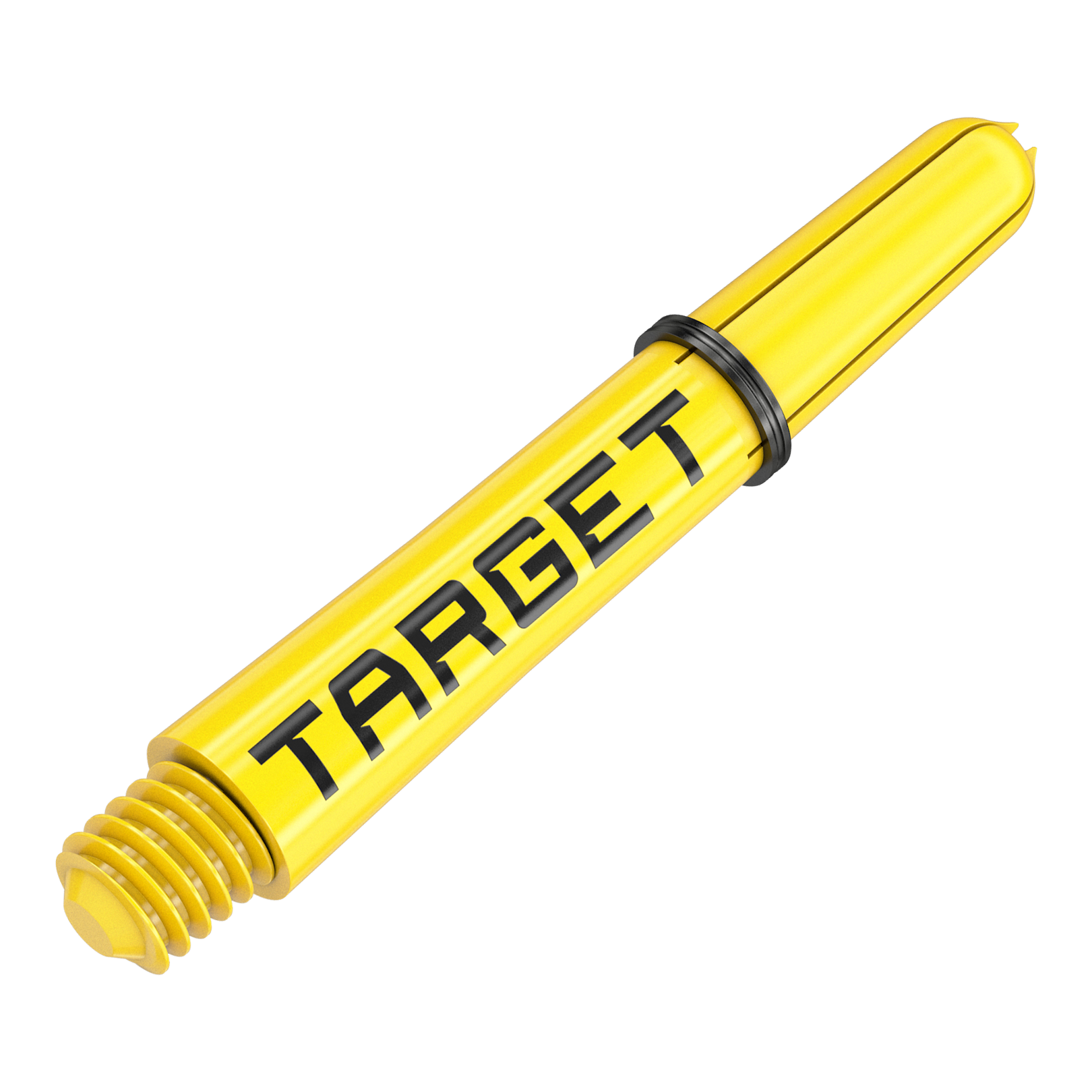 Target Pro Grip TAG Shafts - 3 Sets - Yellow Dies ist ein gelber Dart-Schaft mit der schwarzen Aufschrift "TARGET". Er verfügt über ein Schraubgewinde und einen schwarzen Gummiring.