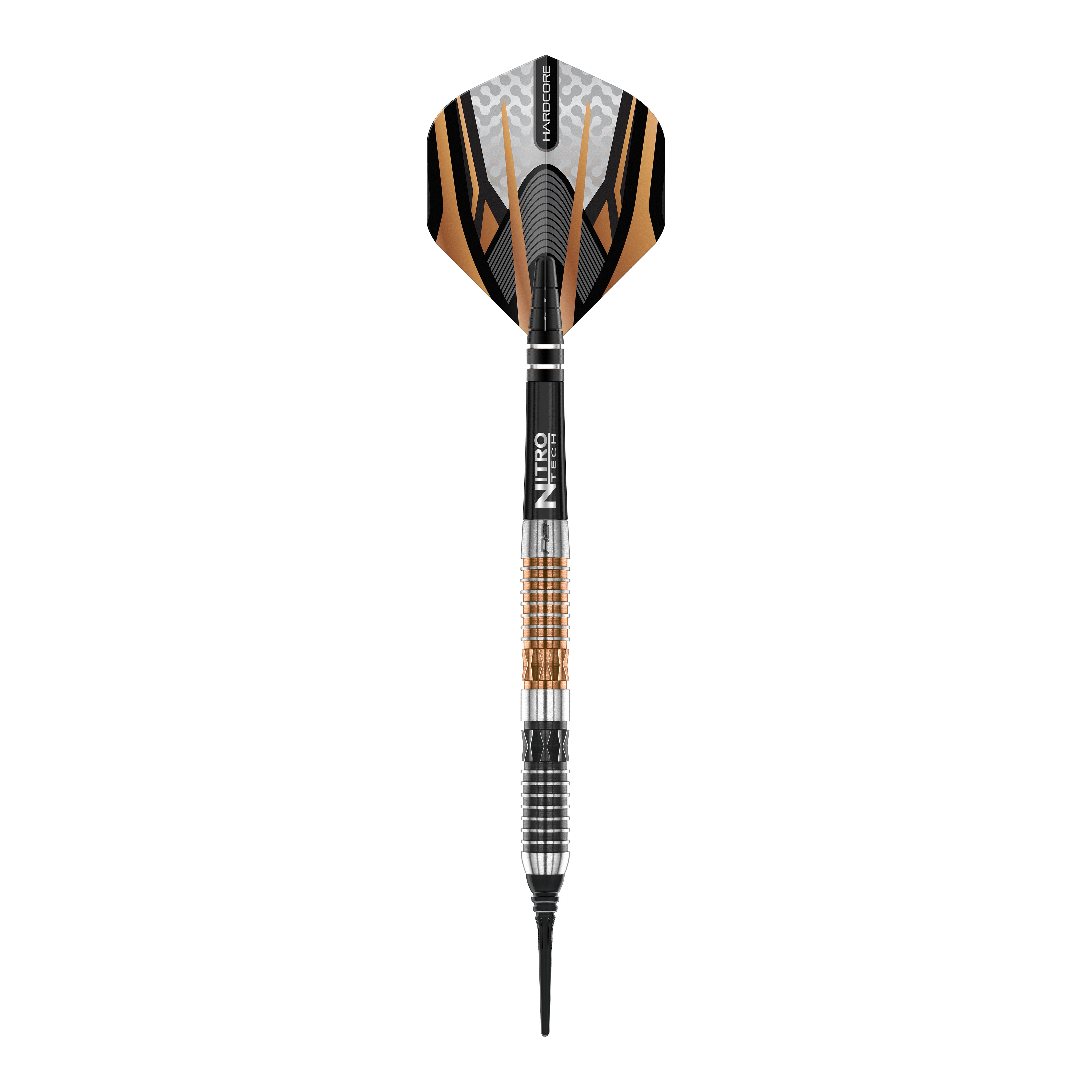 Red Dragon Panterra soft darts - 20g Das Bild zeigt einen Red Dragon Panterra Softdart mit einem Gewicht von 20g. Der Dart hat ein markantes Design mit schwarzen, goldenen und silbernen Elementen.