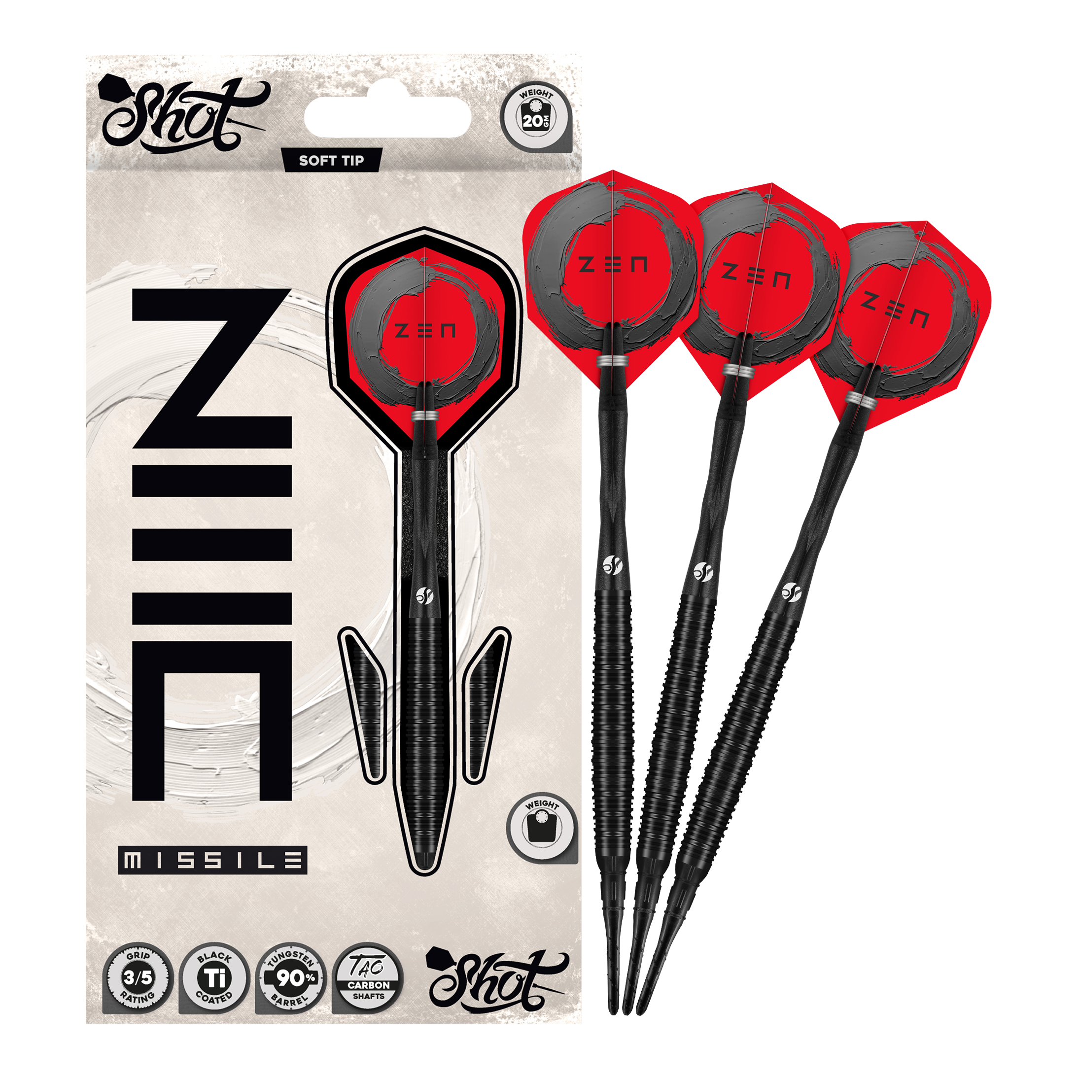Shot ZEN Missile Soft Darts - 20g Auf dem Bild ist der vollständige Satz der Shot ZEN Missile Softdarts - 20g zu sehen. Diese Pfeile sind für anspruchsvolle Dartspieler konzipiert.