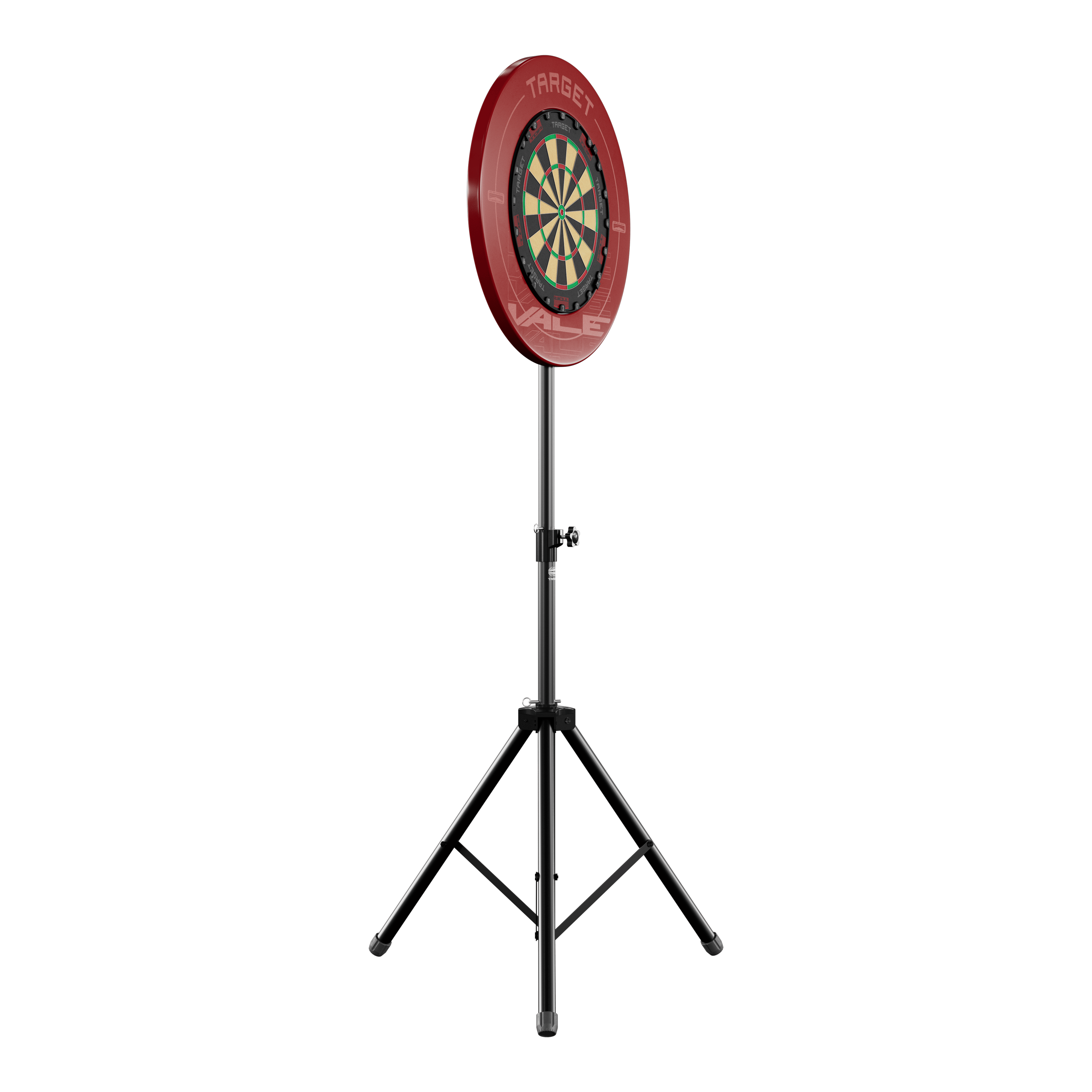 Target Dartboard Stand Das Bild zeigt einen Dartboard-Ständer mit einer runden Dartscheibe und rotem Auffangring. Der Ständer hat drei stabile Beine und ist höhenverstellbar.