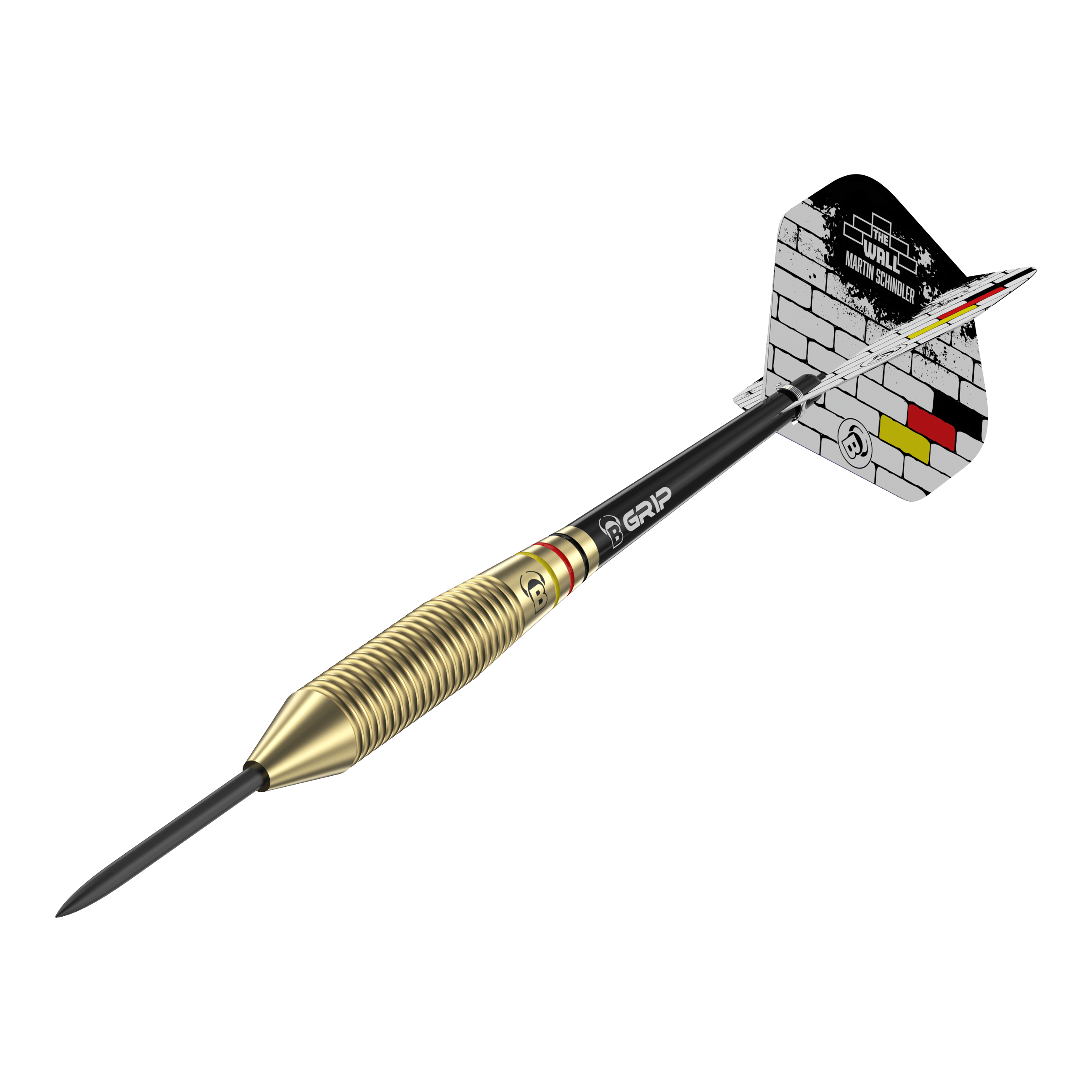 Das Bild zeigt einen Steeldart mit messingfarbenem Griff und schwarzem Schaft. Auf dem Flight steht "The Wall Martin Schindler" vor einem gemauerten Hintergrund mit den Farben der deutschen Flagge.