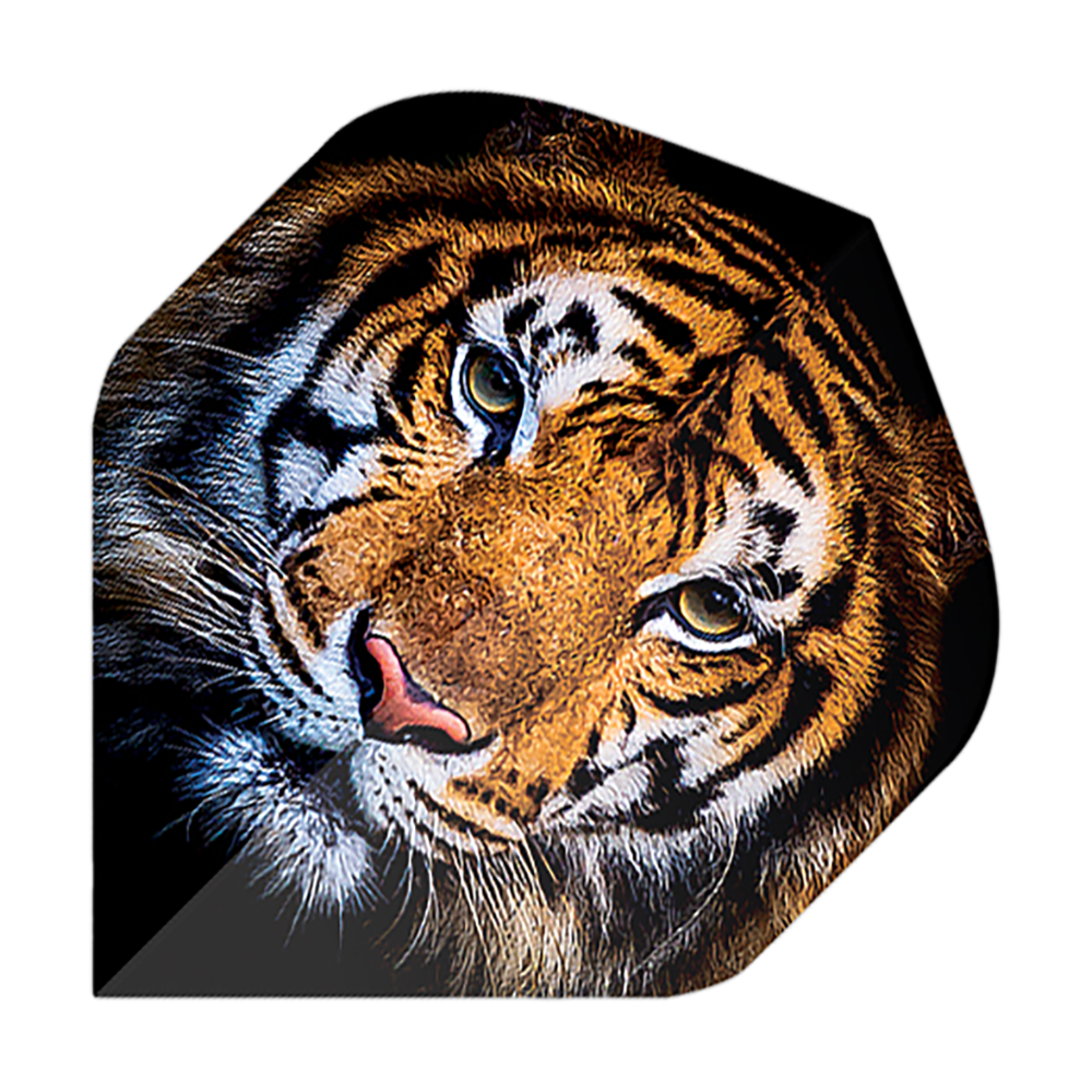 Pentathlon Flights Tiger Das Bild zeigt einen Dartflug mit dem Motiv eines realistisch gezeichneten Tigerkopfes. Es handelt sich um das Produkt "Pentathlon Tiger No2 Standard Flights".