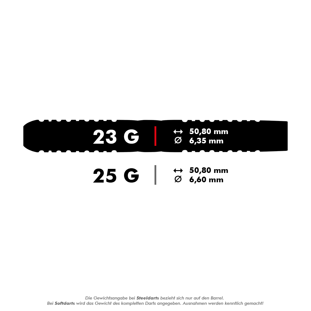 Red Dragon Gerwyn Price Iceman Midnight Edition steel darts Das Bild zeigt die technischen Daten von Steeldarts mit 23 Gramm und 25 Gramm Gewicht. Die Längen betragen jeweils 50,80 mm, während die Durchmesser 6,35 mm (23 g) und 6,60 mm (25 g) sind.