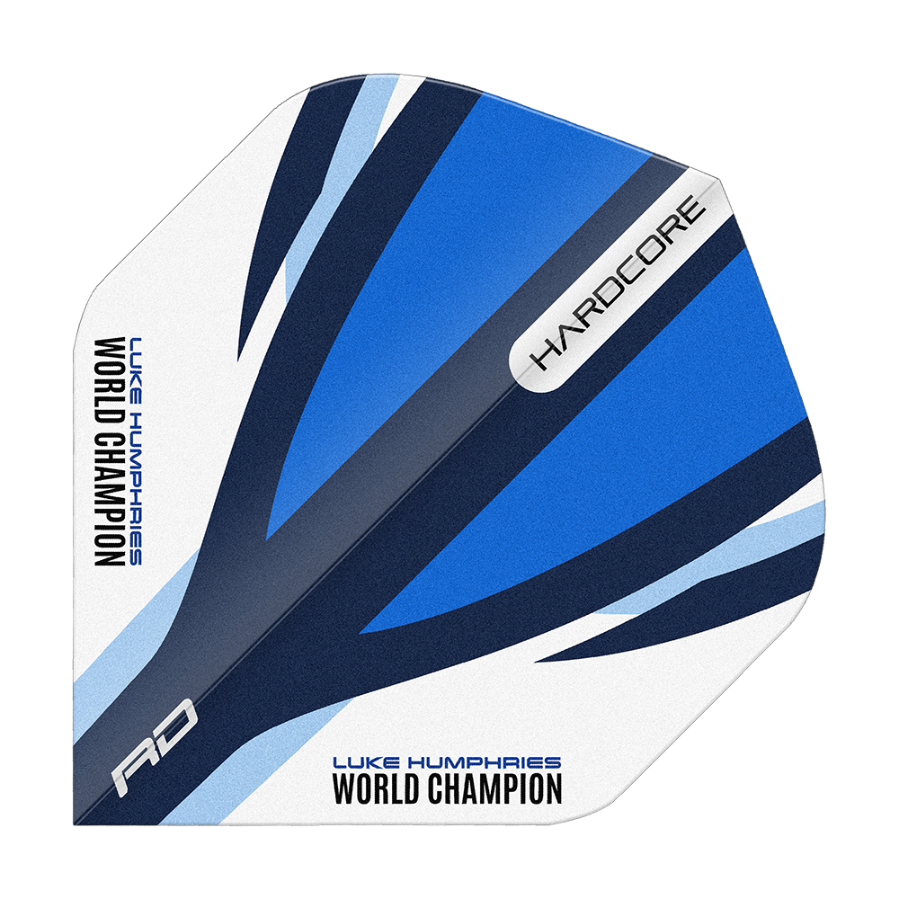 Das Bild zeigt einen Dart-Flight in den Farben Blau, Weiß und Schwarz mit dem Aufdruck "LUKE HUMPHRIES WORLD CHAMPION". Auf dem Flight stehen außerdem die Wörter "HARDCORE" und "RD".