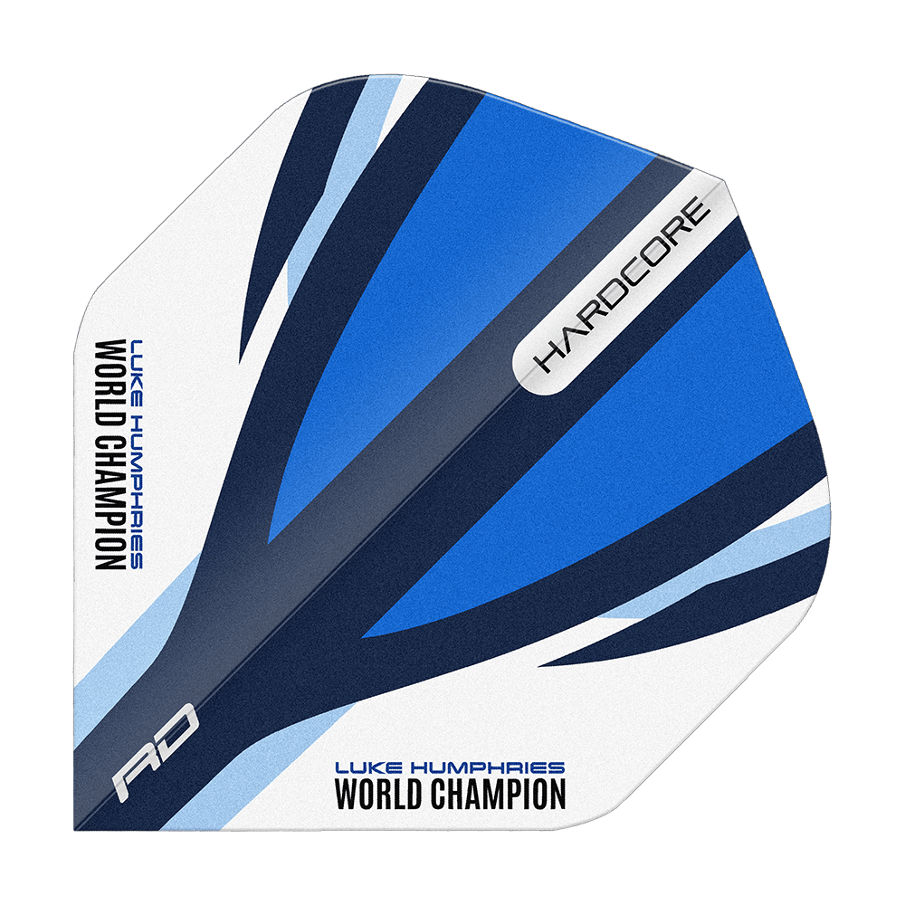 Red Dragon Hardcore Luke Humphries Blue White Standard Flights Das Bild zeigt einen Dart-Flight in den Farben Blau, Weiß und Schwarz mit dem Aufdruck "LUKE HUMPHRIES WORLD CHAMPION". Auf dem Flight stehen außerdem die Wörter "HARDCORE" und "RD".