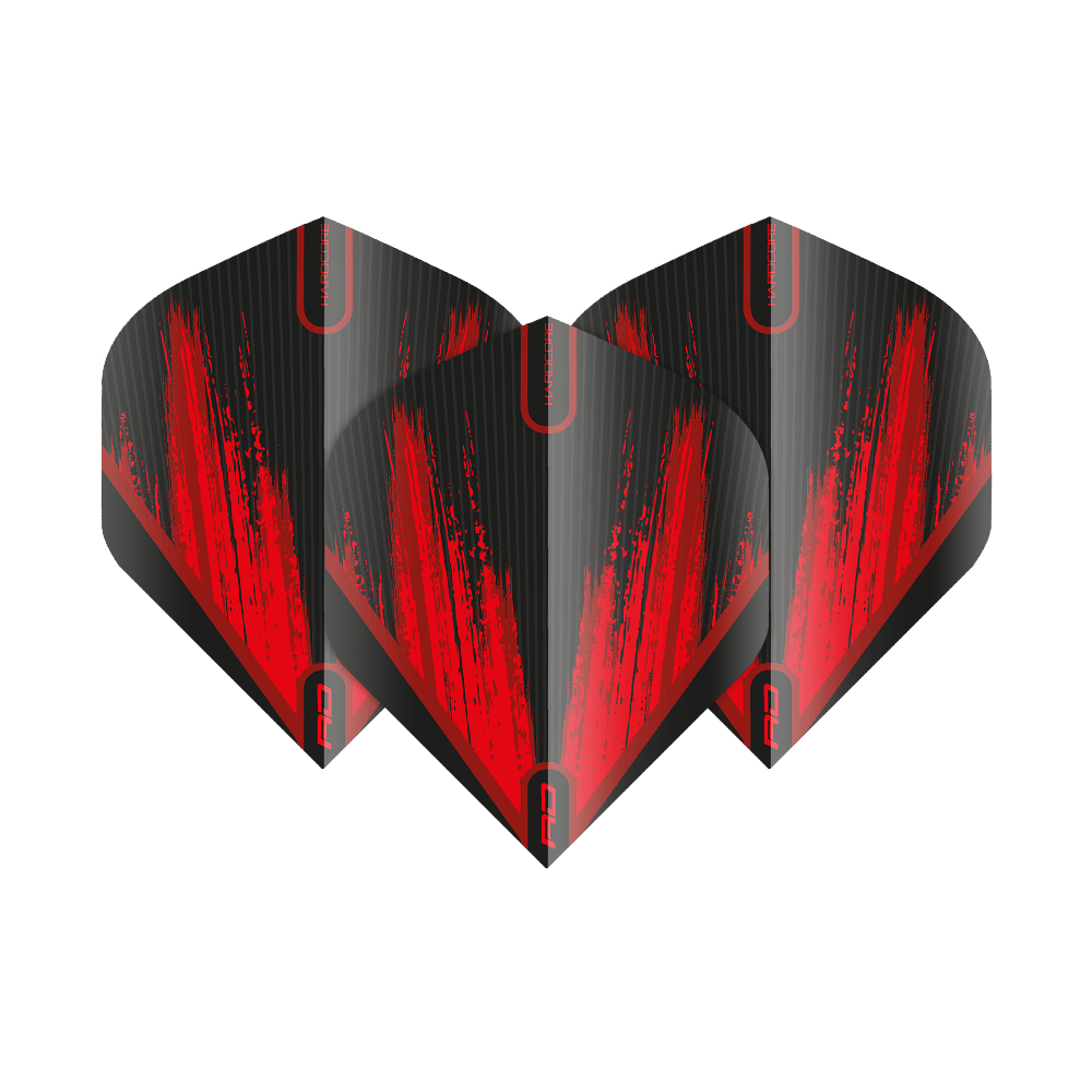 Das Bild zeigt drei Dartflights in Schwarz mit auffälligen roten Streifen. Die Flights tragen das Design "Red Dragon Hardcore Black Red V2 Standard".