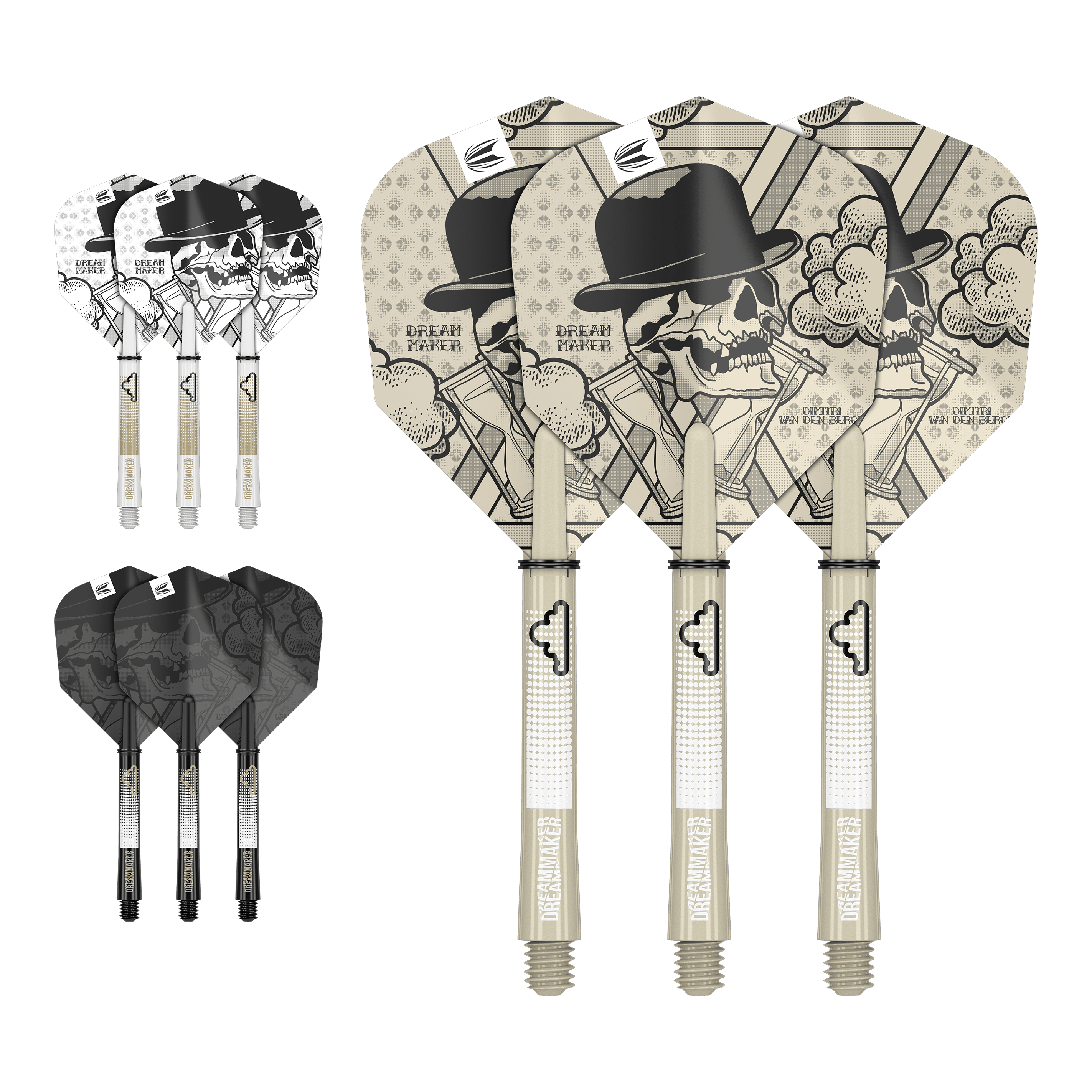 Auf dem Bild sind drei Dartflights mit Schädel- und Hutdesign sowie der Aufschrift "Dream Maker" zu sehen. Zusätzlich gibt es zwei weitere Sätze Flights in verschiedenen Farben, jeweils mit passenden Shafts.