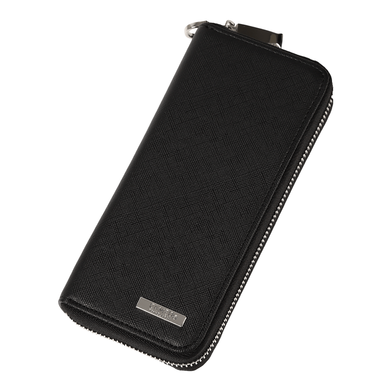 Cameo Business Case Pro3 Die Abbildung zeigt ein elegantes, schwarzes Etui mit Reißverschluss. Auf der Vorderseite befindet sich eine kleine silberne Plakette mit der Aufschrift "CAMEO".