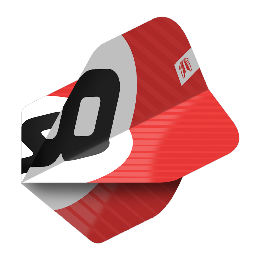 Das Bild zeigt das Produkt "Target Pro Ultra Chicane Red No2 Standard Flights - 3 Sets". Die Flights sind überwiegend rot mit einem auffälligen schwarzen und weißen Design.