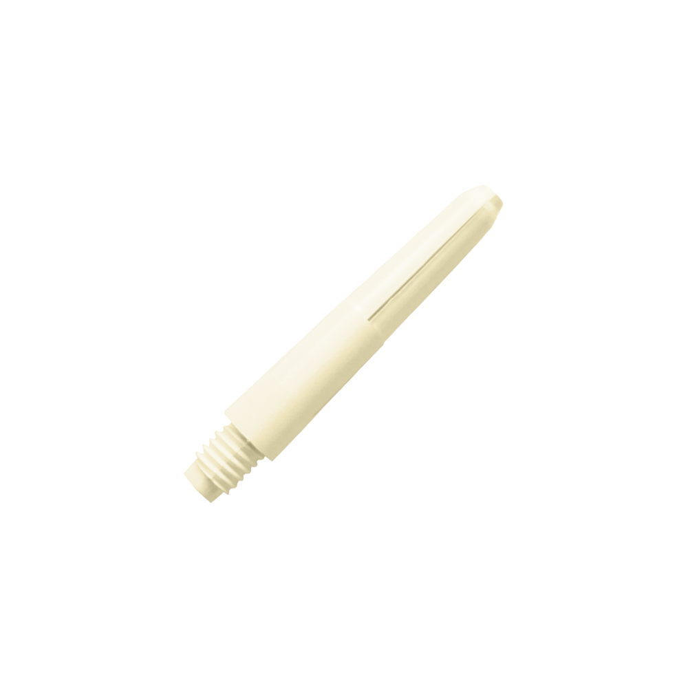575_Nylon_Shafts_Naturweiss_28mm_2 Das Bild zeigt einen Nylon-Schaft in der Farbe Naturweiß. Der Schaft hat ein schlichtes, glattes Design mit einem Gewinde am unteren Ende.